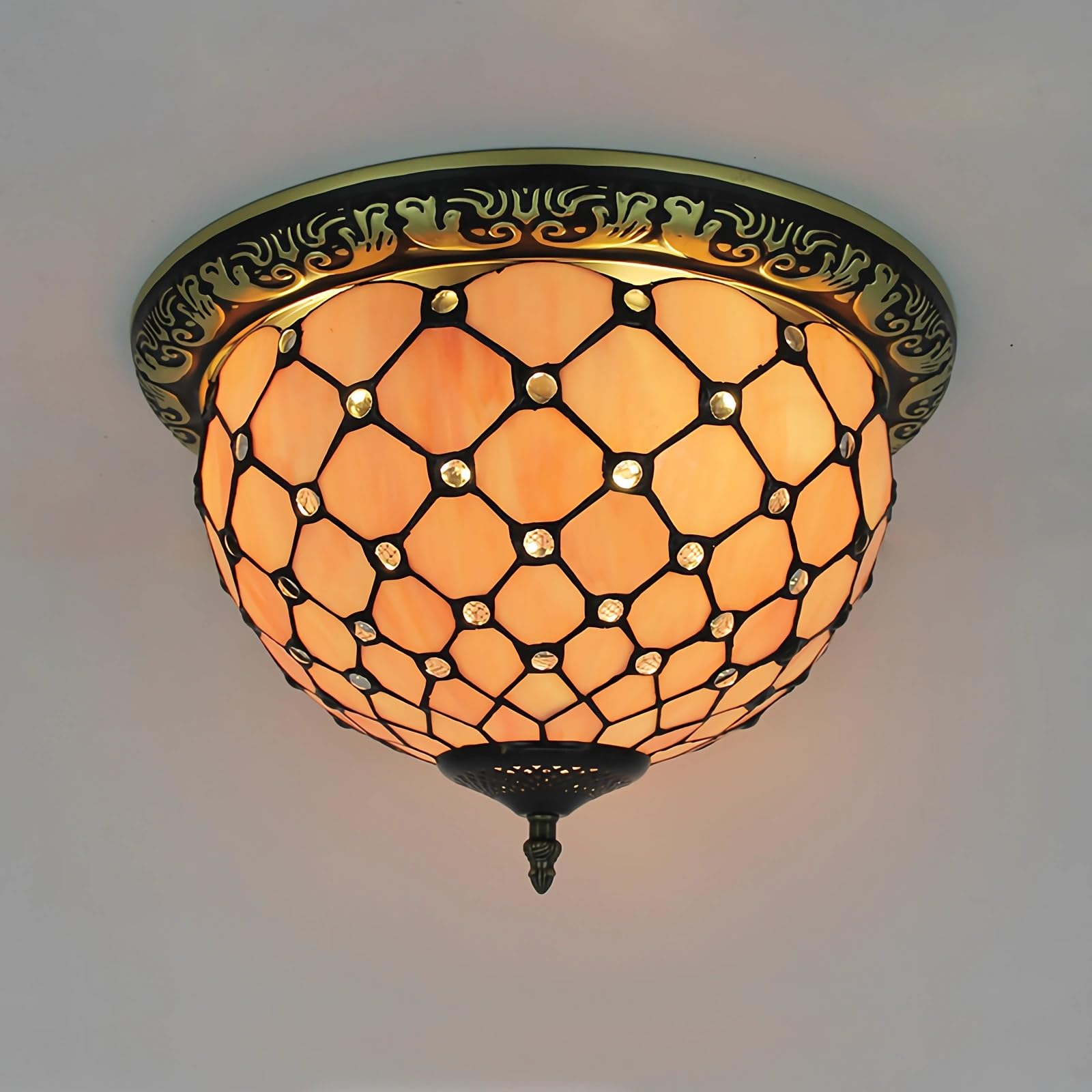 WDBZTJ Tiffany Style Ceiling Light Flush Mount, 15 inch Stained Glass Ceiling Lamp, E27 Bulb, Vintage LED Chandeliers for Living Room Bedroom(G1)