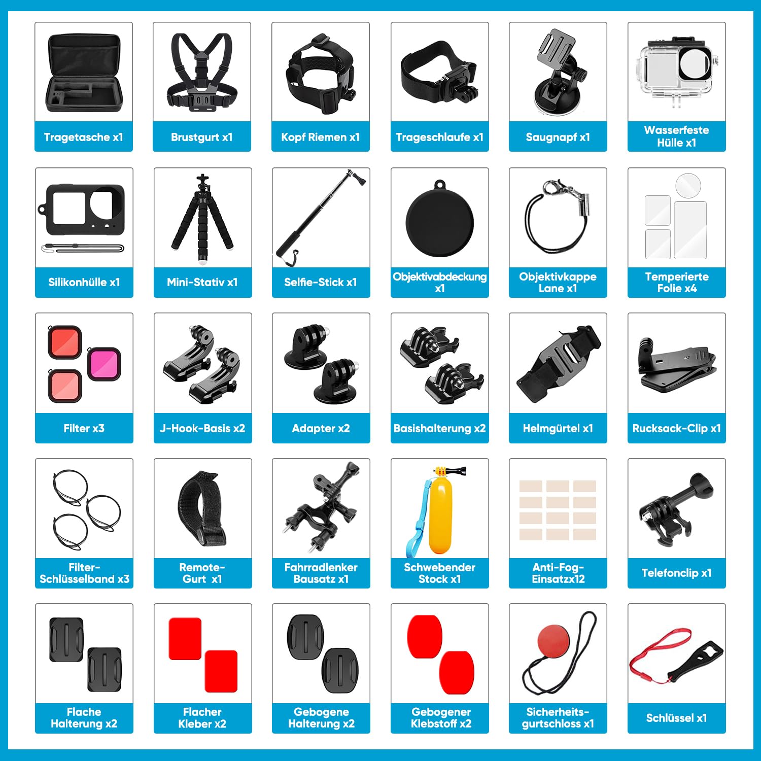 oGoDeal Kit d'accessoires pour DJI Osmo Action 5 Pro/4/3, étui de Protection étanche avec Tuba Accessoires de vélo Barre à Selfie Sangle de tête pour DJI Osmo