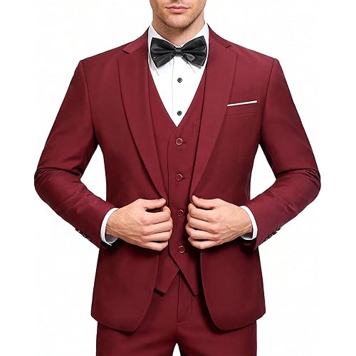 YFFUSHI Men's 3 Piece Suit Sets Slim Fit One Button Blazer with Vest & Pants, Professional Business Wedding Suits