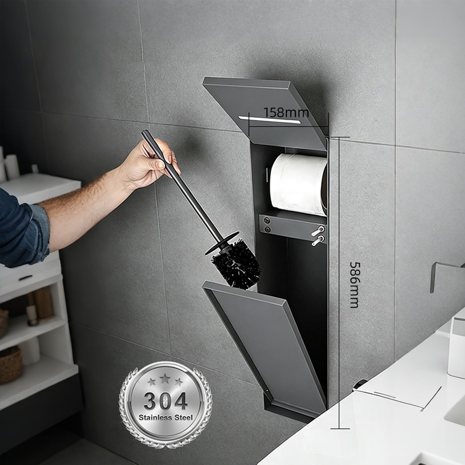 Nicho de papel higiénico empotrado con estante y soporte oculto para cepillo para remodelar el baño