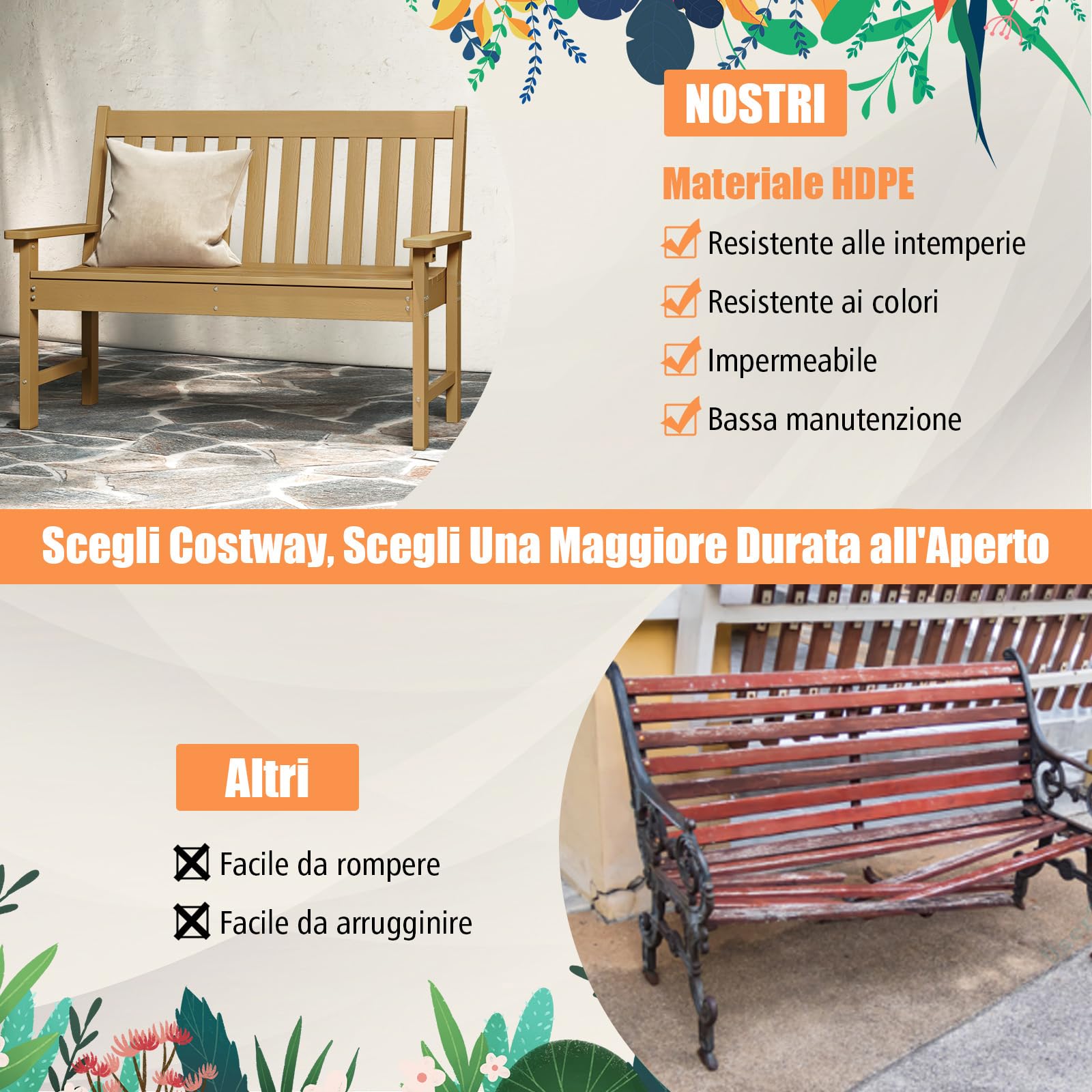COSTWAY Panchina da Esterno in HDPE Resistente, Portata 320 kg, Naturale | Panca da Giardino con Schienale e Braccioli, Panchina da Parco, Balcone, Spogliatoio e Cortile, 132 x 65 x 91 cm