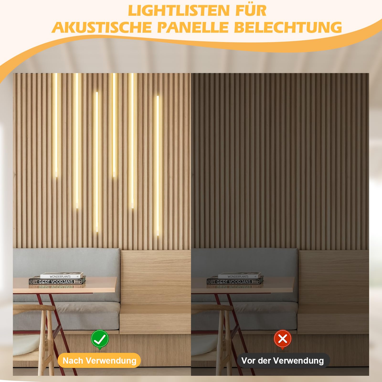 WMLBK Striscia LED per pannelli acustici, dimmerabile, 6 x 90 cm, luce bianca calda, con sensore tattile, 12 x 12 mm, accessori integrati, pannelli acustici