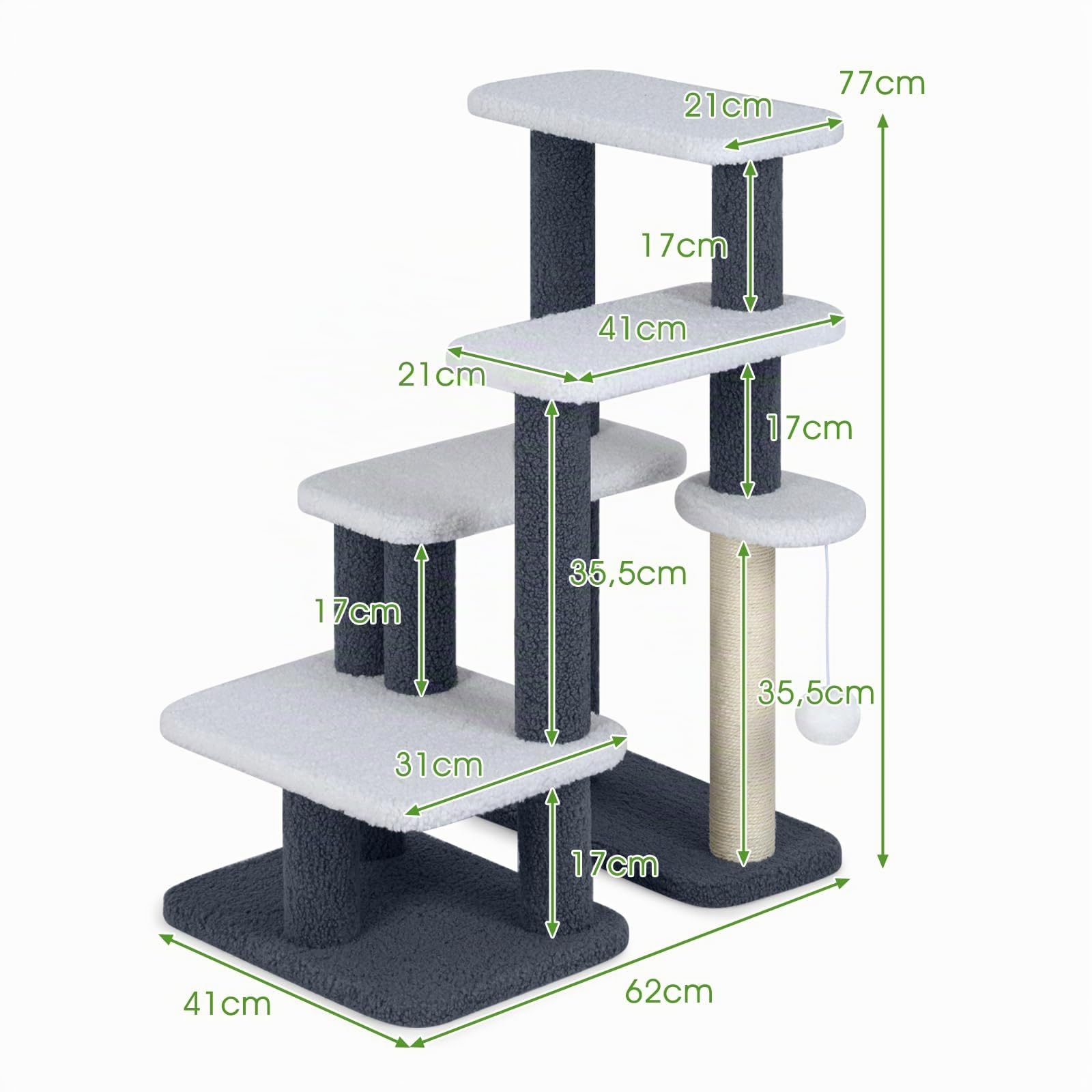 GYMAX 5 Stufen Katzentreppe, stabile Tiertreppe mit Sisal-Kratzstamm, Spielball & Plüschsitzfläche, Hundetreppe für Katze & Hunde bis 15 kg, Katzen Katzenmöbel, 62 x 41 x 77 cm