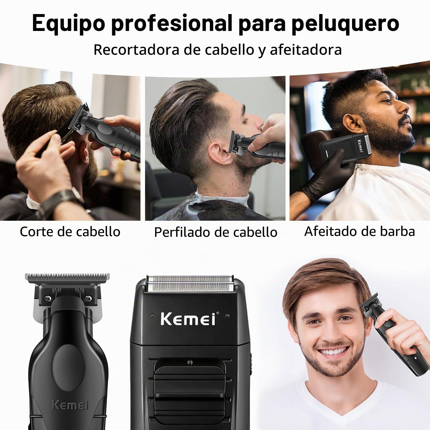 KEMEI Juego de cortadoras de pelo profesionales y afeitadoras de aluminio, cortadoras de pelo inalámbricas para hombres, kit de maquinilla de afeitar eléctrica de peluquería con cuchilla en T