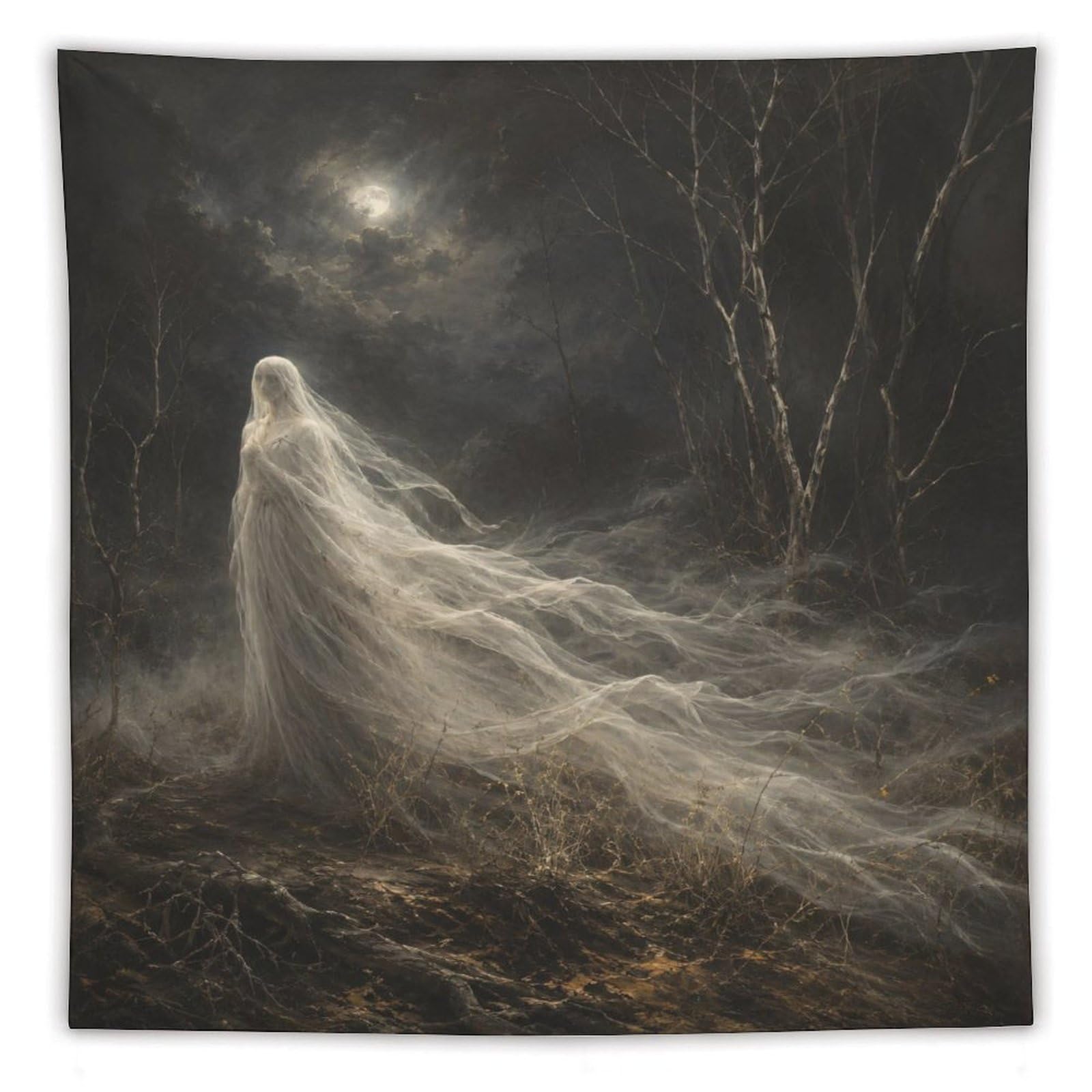 W7C8U2X3 Moonlit Forest Ghost Wall Tapestry, Dark Fantasy Illustration