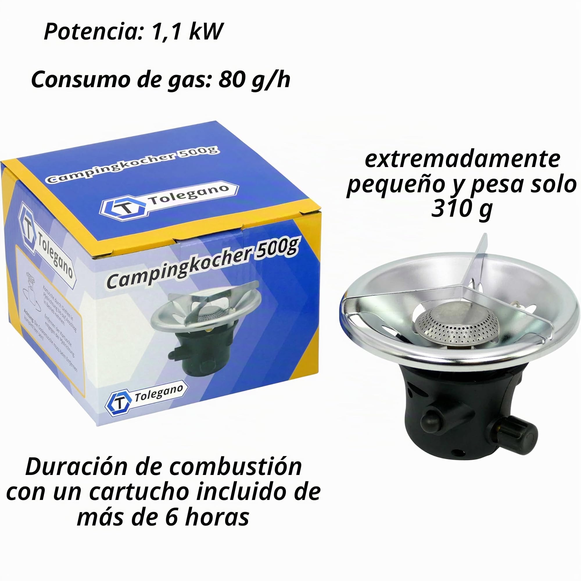 CAMPLORA hornillo de gas con 5 cartuchos y encendido piezoeléctrico, ideal para camping o mochilero | Encendido piezoeléctrico de 1,1 kW, camping y mochilero, cocina de gas con cartucho, estufa de gas para exteriores, pequeña