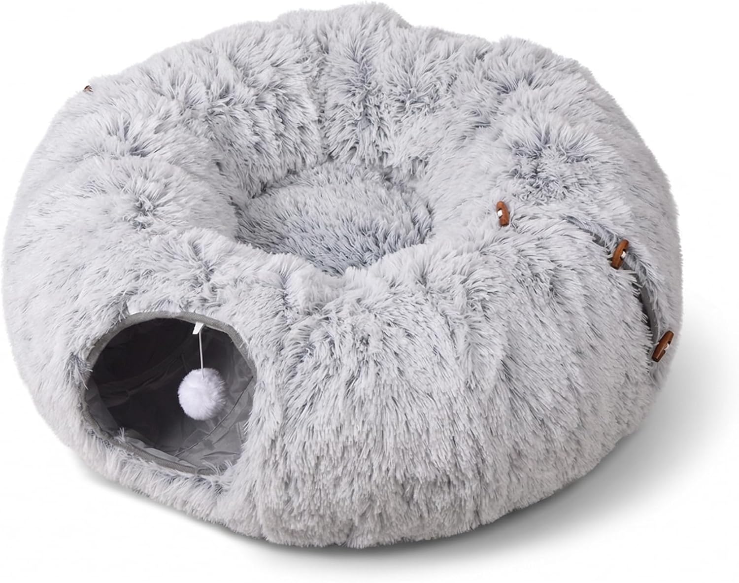 2-in-1 Plush Cat Tunnel Bed Large 31" Donut Cuddler Nest with Detachable Cushion Collapsible Peek-a-Boo Tube Toy with Hanging Ball Soft Fleece Round Hideout for Cats, Puppies, Rabbits