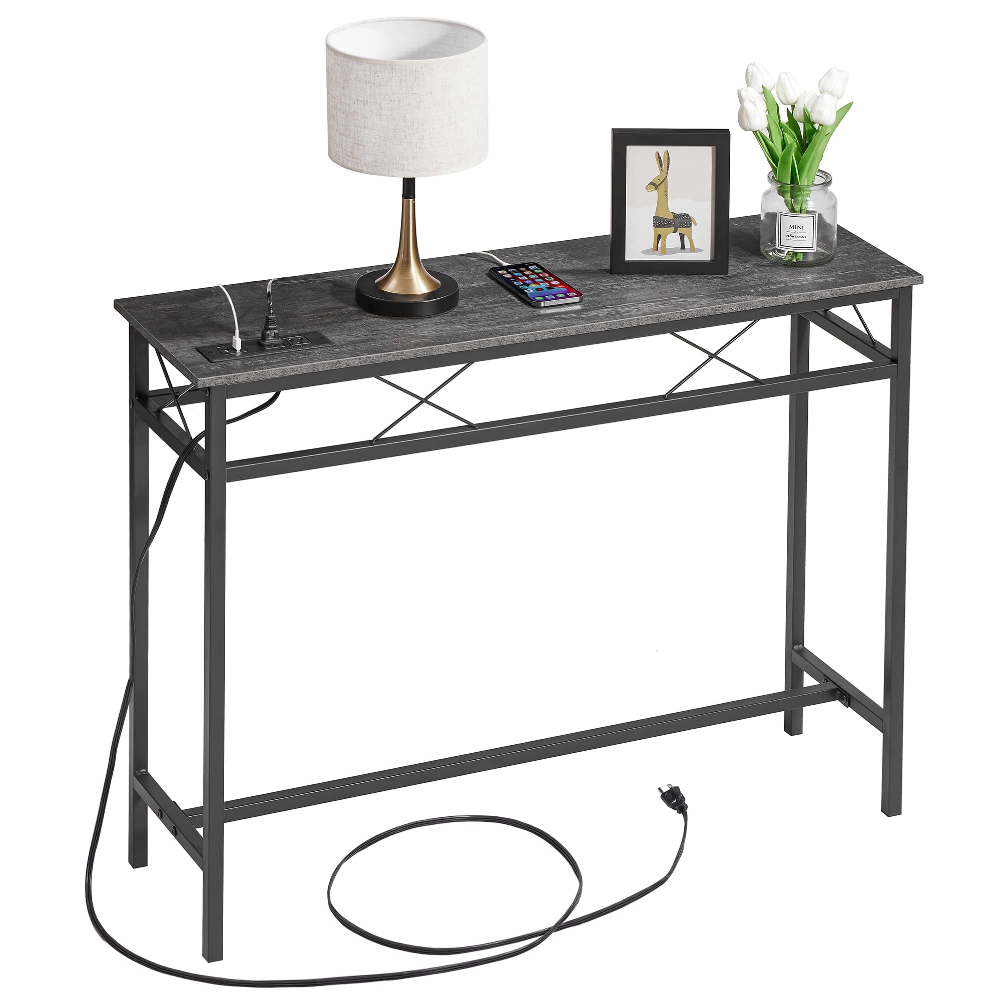 VECELO 39.4In Narrow Sofa/Console Table with Charging Station & Power Outlet and USB Ports, for Entryway, Living Room, Office, Industrial, Metal Frame, Dark Grey
