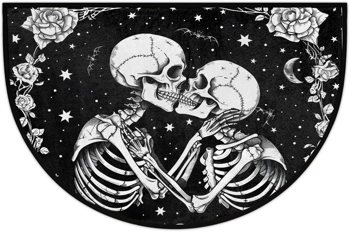 Human Flower Skull Halloween Half Round Door Mat Non Slip Washable Semi Circle Area Rug Absorbent Soft Half Moon Rug Floor Mat for Indoor Outdoor Kitchen Bathroom Patio Front Door Mat Decor