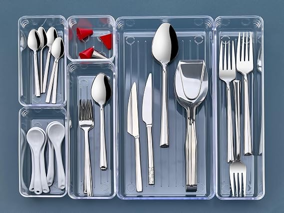 MallArt® 6-Piece Transparent Drawer Organizer Set – Plastic Organizer Boxes | 6 Different Sizes Transparent Boxes for Makeup, Office, Kitchen and Bathroom Layout