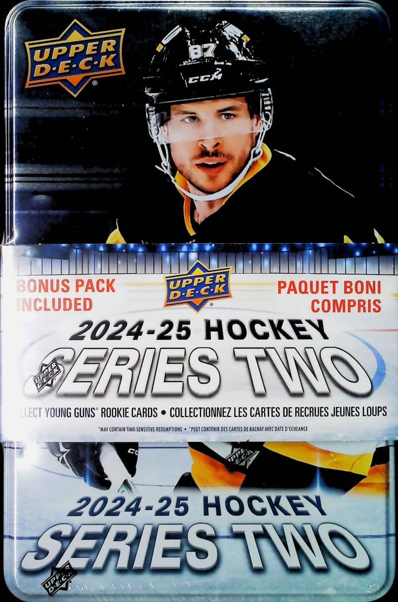 Upper Deck 2024-25 NHL UD SERIES 2 Hockey Factory Sealed Tin Box 8 Packs of 12 Cards, plus a Bonus 3-Card Pack of Stunning Dazzlers. Look for Young Guns Rookies - approximately 3 per tin.