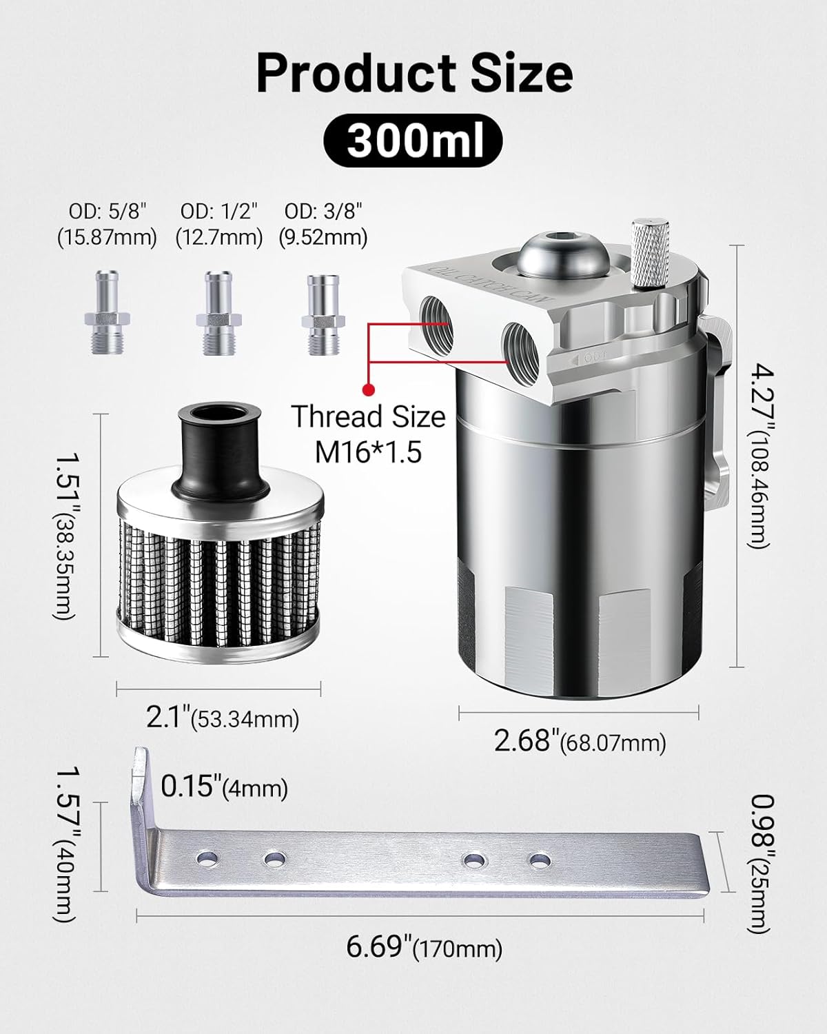 EVIL ENERGY Oil Catch Can, Universal Baffled Catch Can Kit with Breather Filter, 300ml Aluminum Air Oil Separator Tank NBR Fuel Hose Kits for PCV System Silver