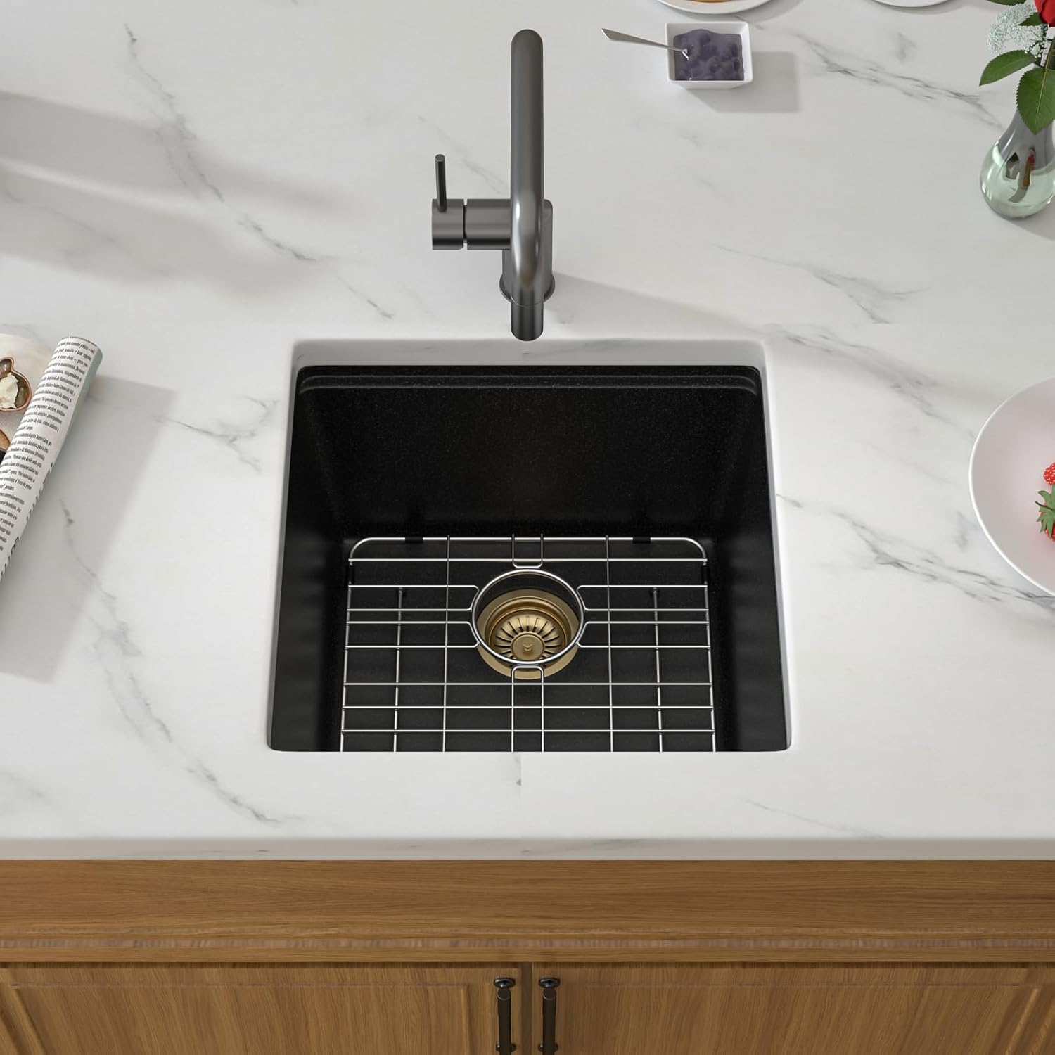 18 Black Undermount Bar Sink- 18''x18'' Black Wet Bar Prep Sink Under Counter Granite Composite Quartz Small Workstation Sinks Natural Stone Single Bowl