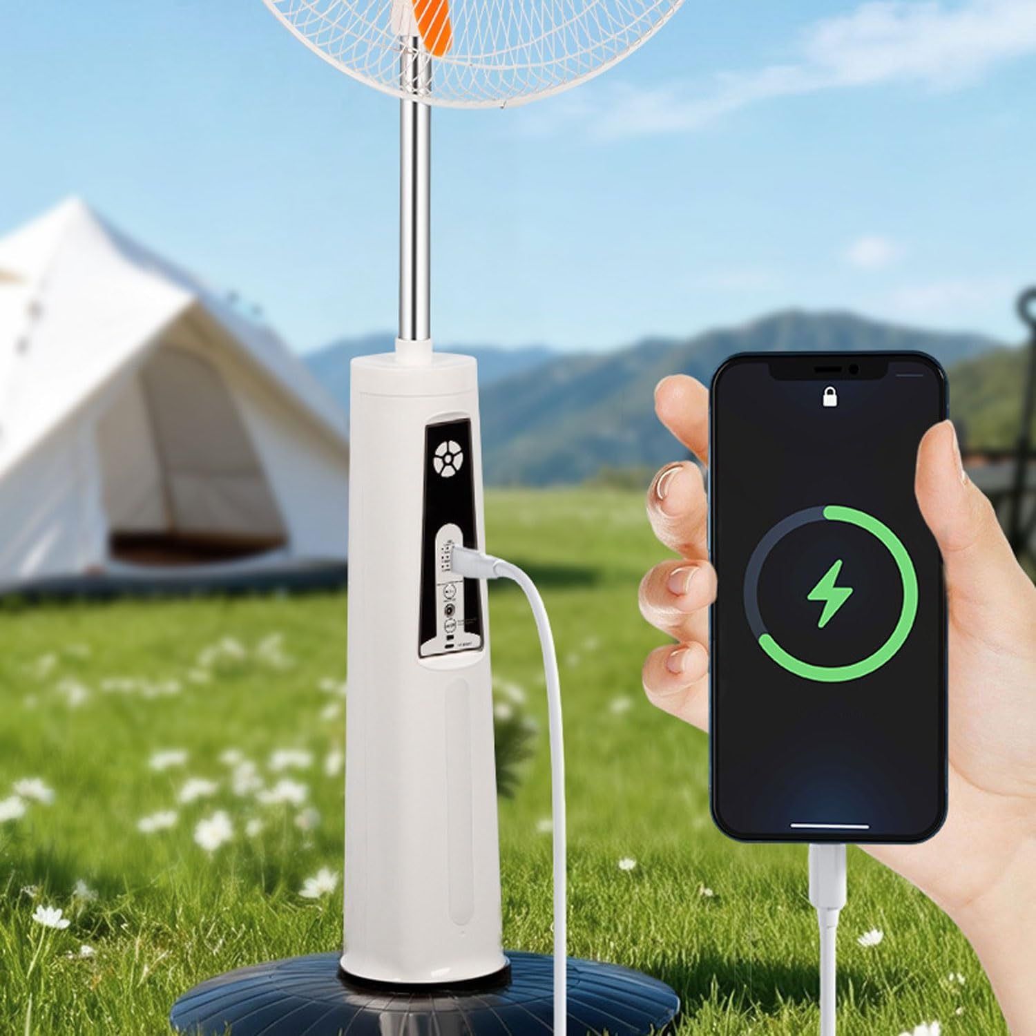 20 Inch Solar Powered Standing Fan, Pedestal Fans, Camping Fan with solar panel, Height Adjustable with LED Lantern for Camping, Home, Office, Emergency, Outdoor