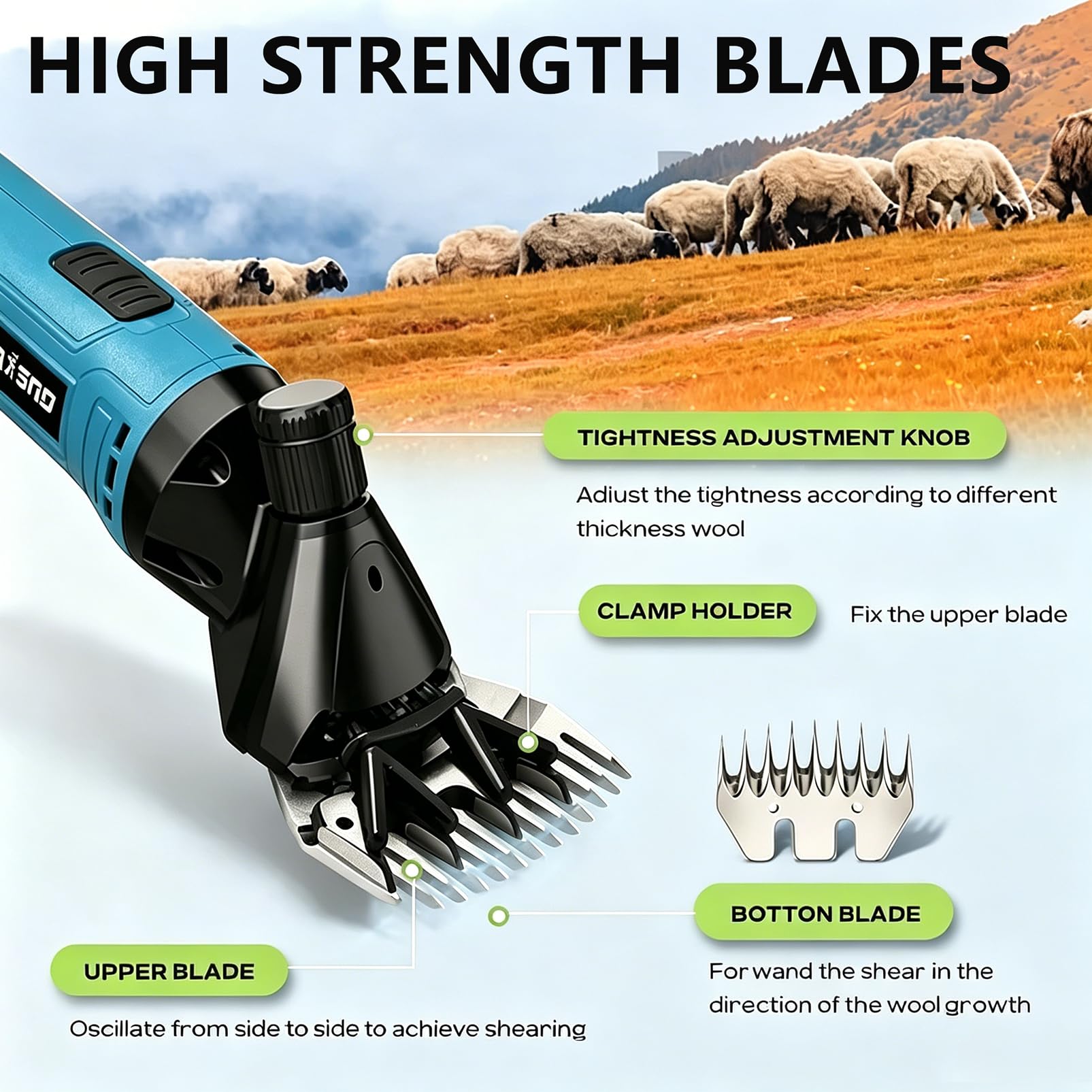 Esquiladora de ovejas de 600 W, Esquiladora inalámbrica para Ganado 2400 RPM 6 velocidades Ajustables, Cuchilla de 9 + 13 Dientes, con 2 baterías Recargables de 3000 mAh