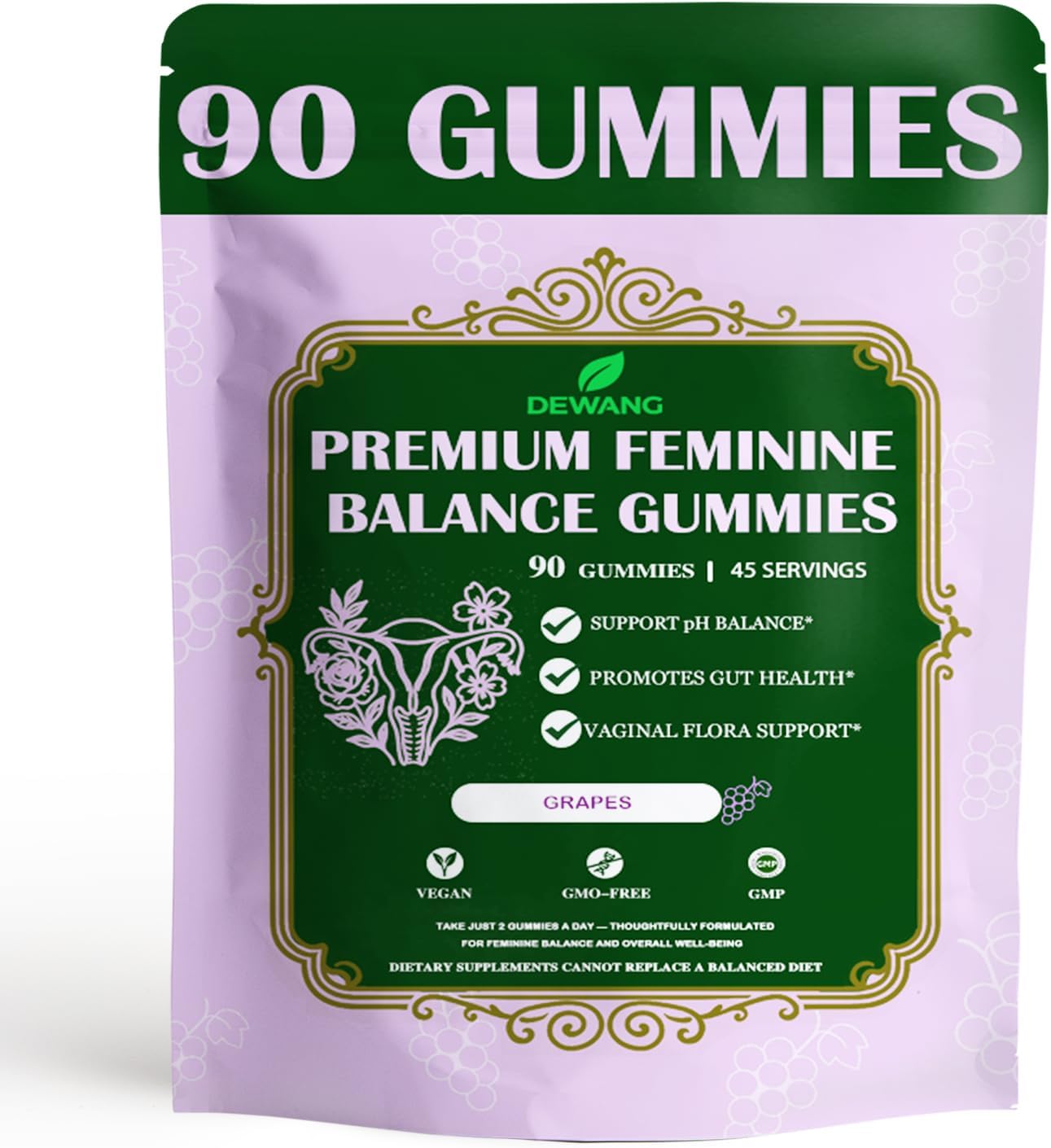 DEWANG Premium Feminine Balance Gummies for Women’s - Immune Support& PH Balance - Vegan, Gluten-Free - Grapes Flavor, 90 Count 45 Servings (Grape)