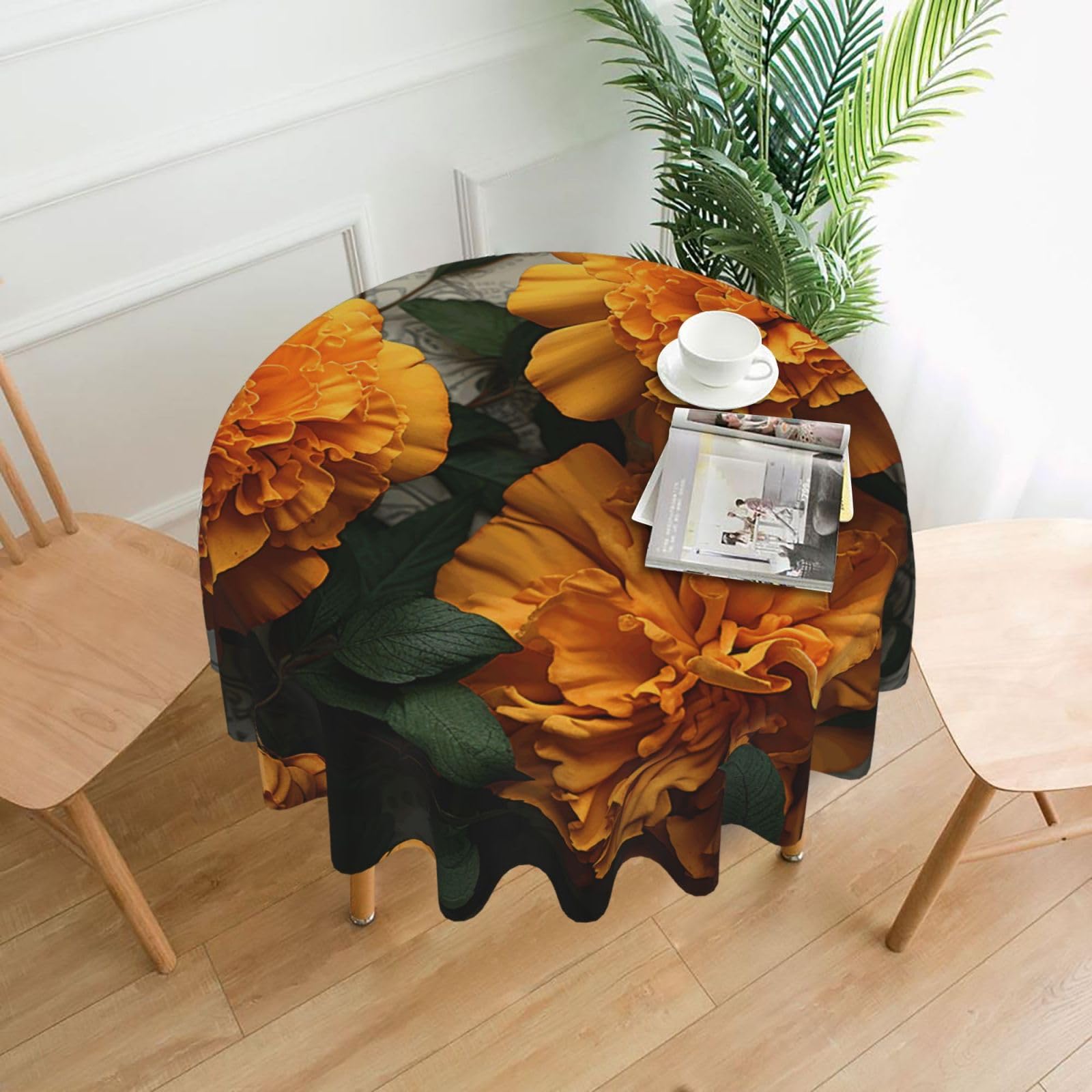 Fodpand Black Marigold Tablecloths For Round Tables 60 Inches - Reusable And Washable Kitchen Table Clothes Decorative Table Cover For Dining Tables, Buffet Parties, Wrinkle Resistant