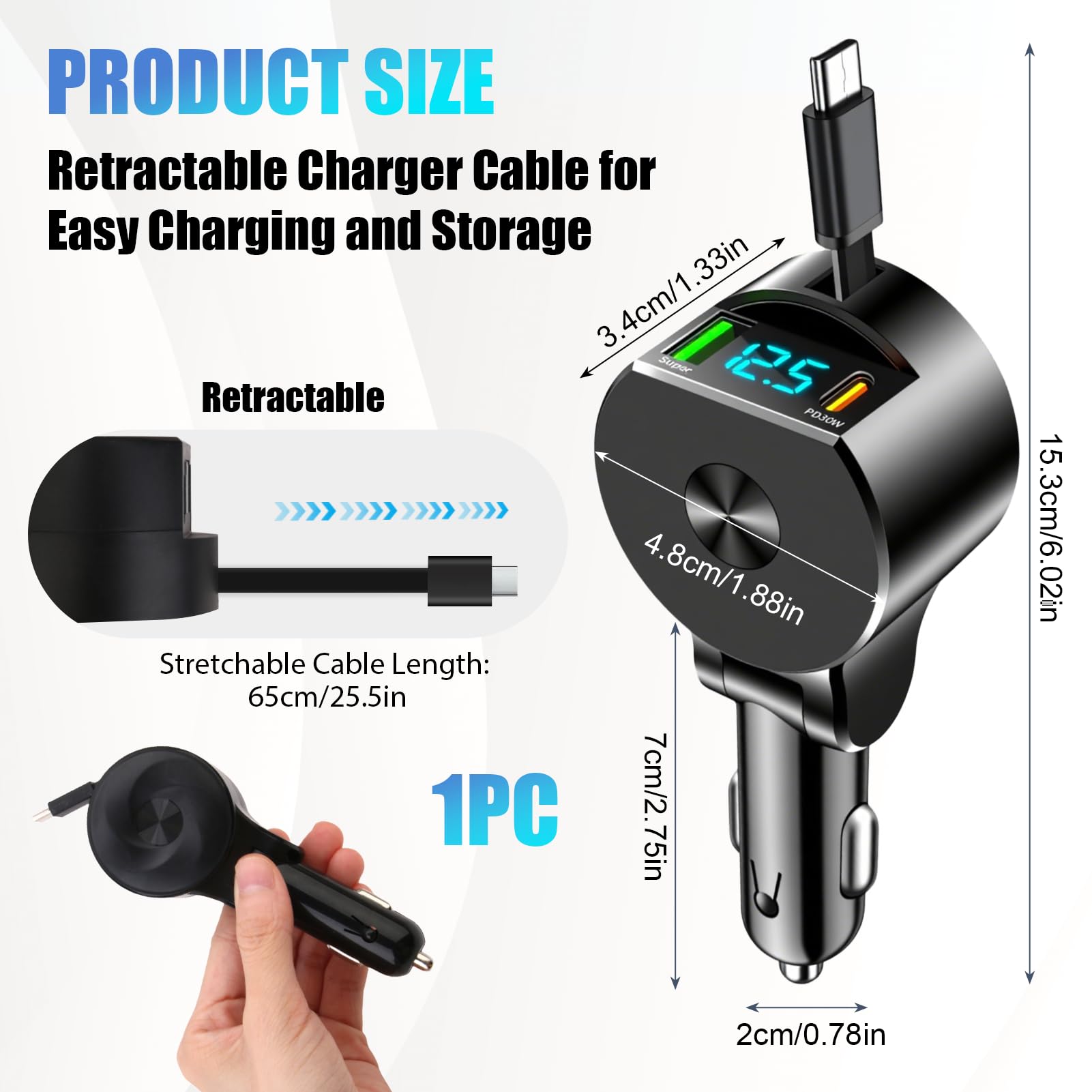 Caricatore Auto Accendisigari Retrattile 3 in 1 75W con Cavo USB C Retrattile e Porta USB-A, Carica Cellulare per Auto Rapido PD 30W QC3.0, Compatibile con i-Phone 16/15/14, Sam-sung, Huawei, Xiaomi,