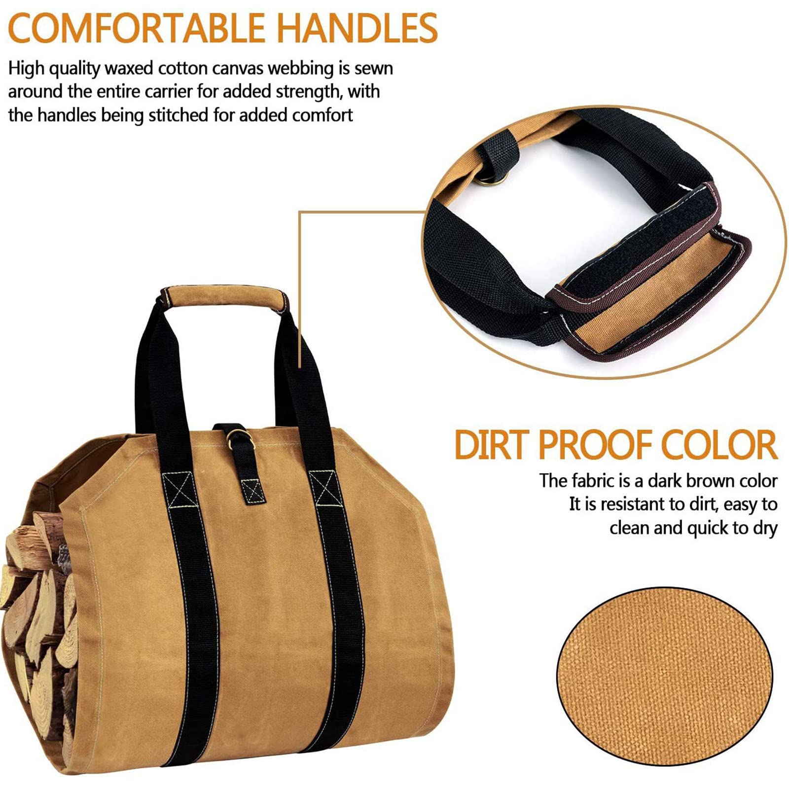 Schwerlast Wasserdicht Gewachste Leinwand Segeltuch Brennholz Kaminholztragetasche,für Holz, Zeitungen, Kaminholz,kamin, Filztasche Maße 90 x 45 cm - Khaki