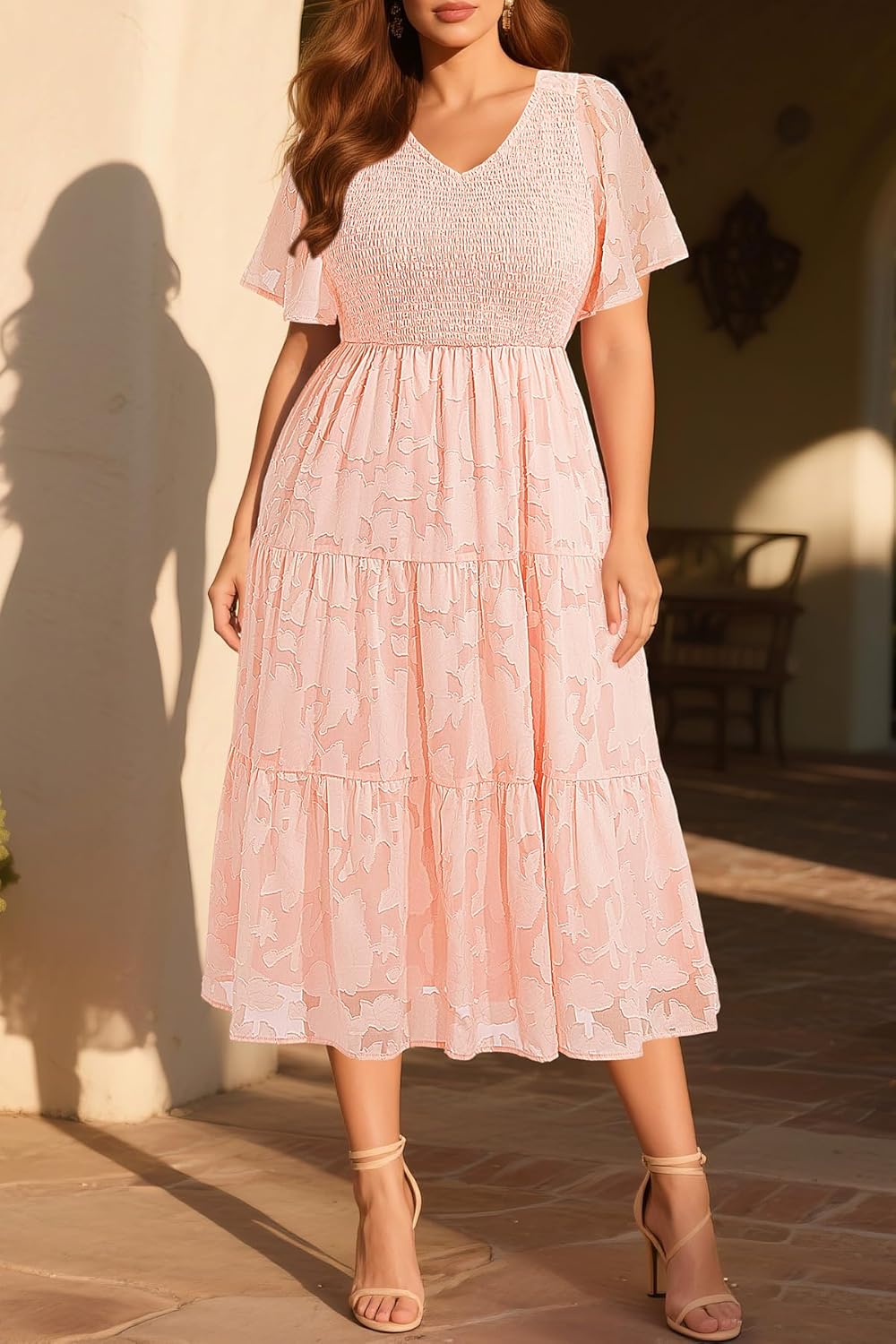 Pinup Fashion Plus Size Fall Wedding Guest Dress - Long Sleeve V Neck Floral Lace Smocked Flowy Tiered Midi Dress