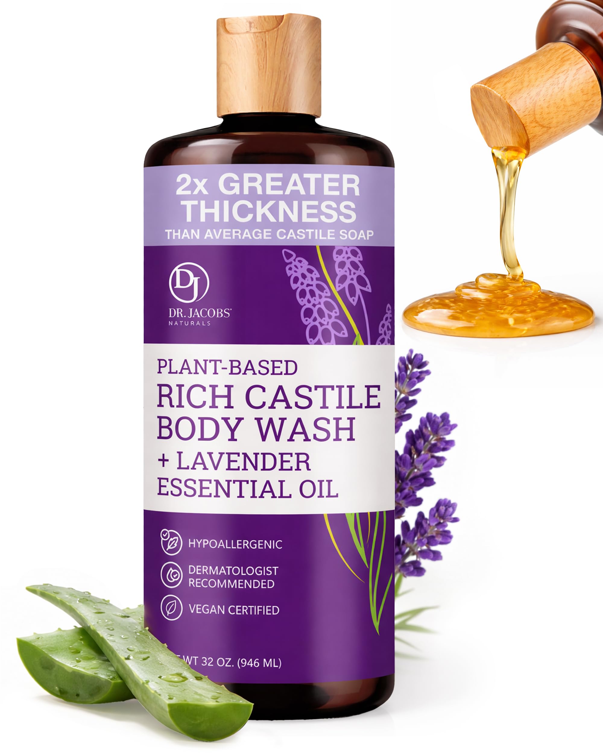 DR.JACOBS NATURALS Kastylia, czyste mydło w płynie, bez oleju palmowego i GMO, naturalny żel do kąpieli do twarzy i ciała, bez parabenów, siarczanów, syntetyki, gltuen, lawenda, 32 uncje