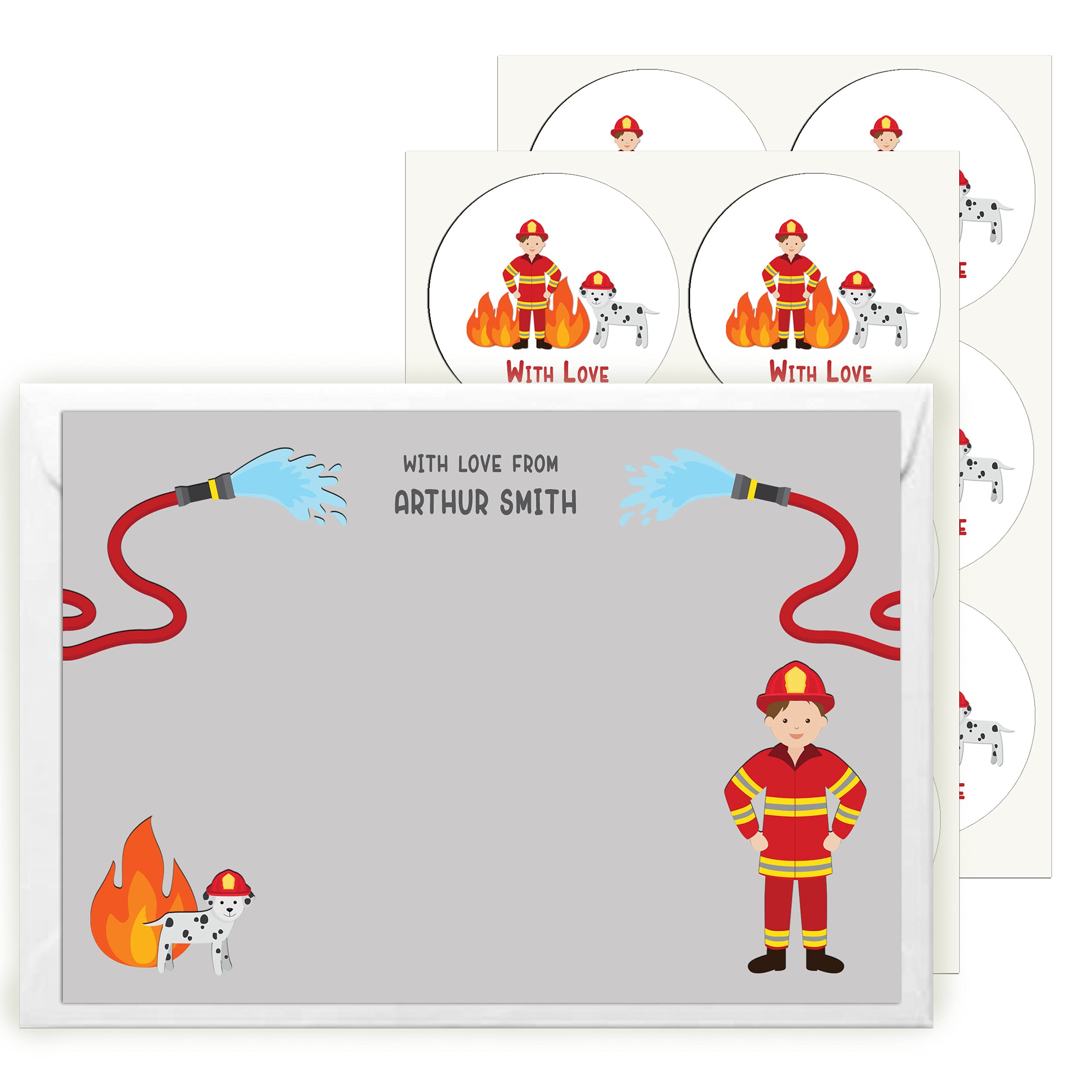 Fireman Stationery Set for boys, Personalised 12 x A6 Cards, Envelopes and Stickers, Gift for Boys