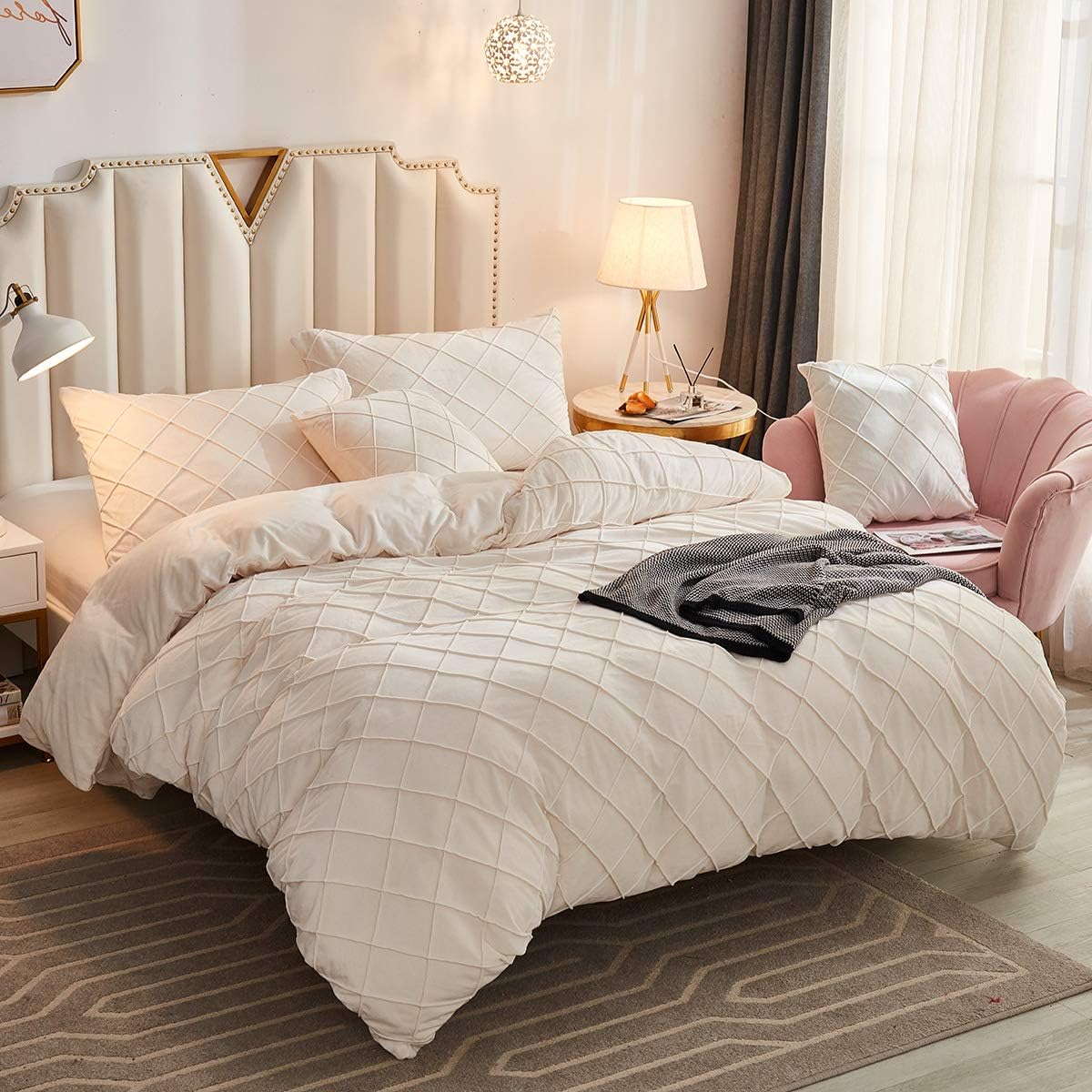 JAUXIO Diamond Pinch Pleated Crystal Velvet Bedding Set Solid Pintuck Duvet Cover with Pillow Shams for Home Decor Zipper Closure (Cream, Queen)