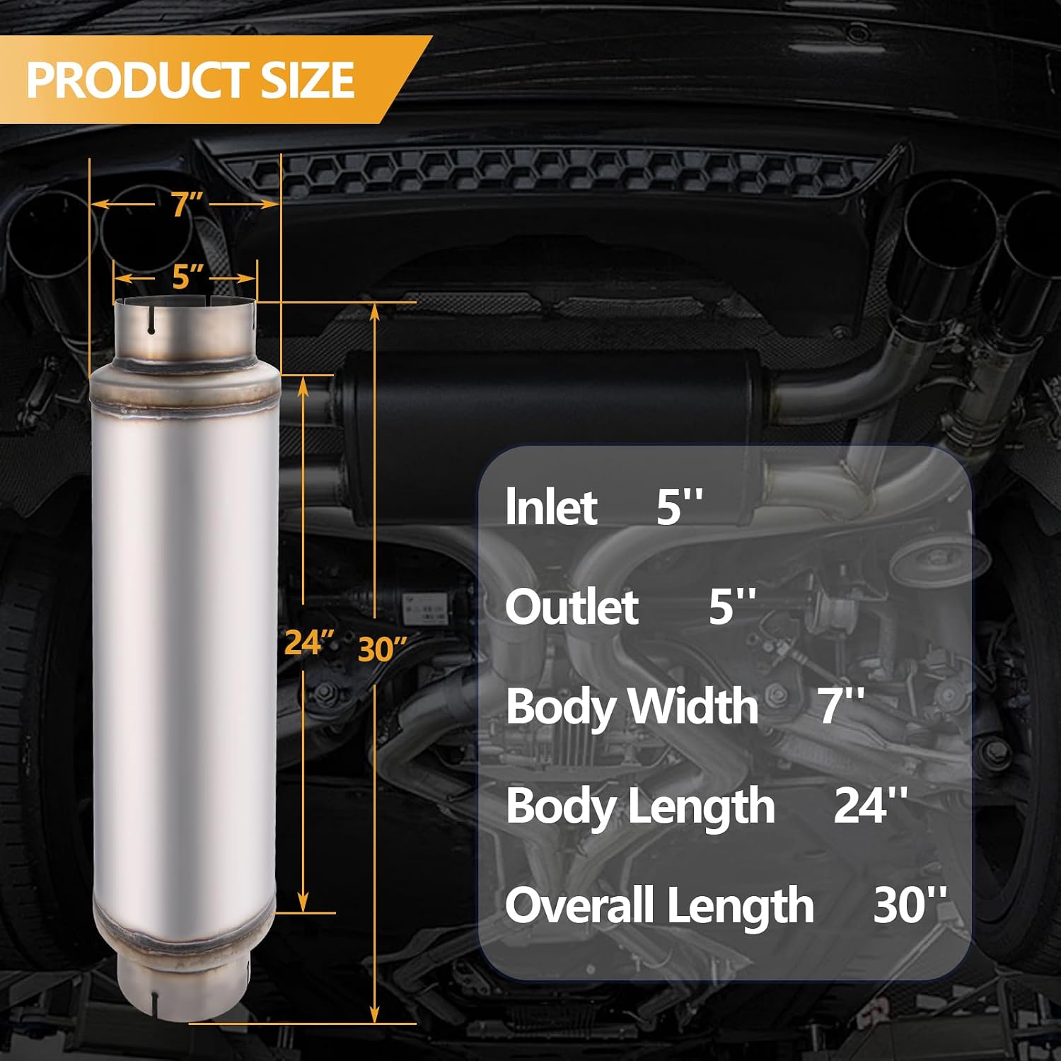 5 Inch Exhaust Muffler, 5" Inlet/Outlet 30" Overall Length Resonator, Stainless Steel Straight Through Design Performance Muffler, 1 PC