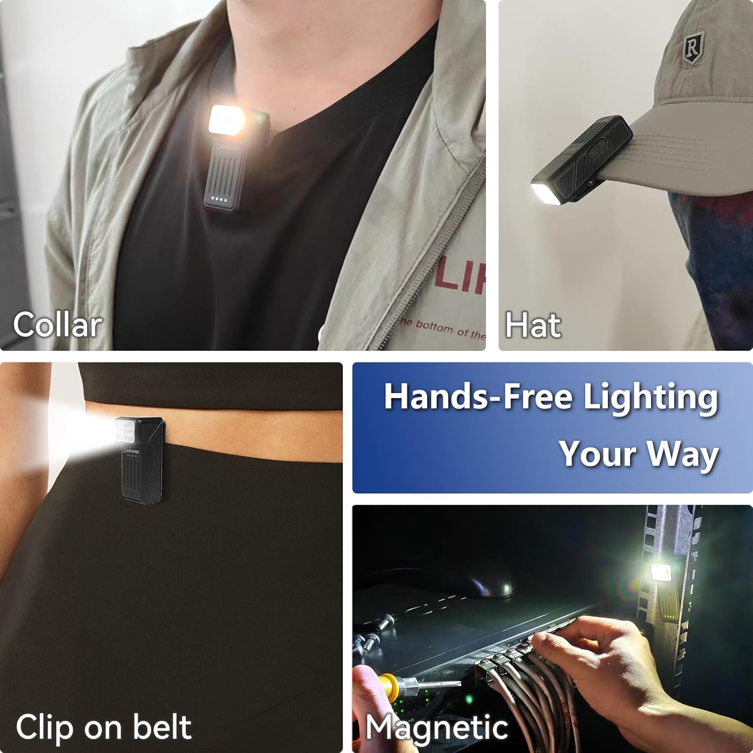 EDC Flashlight Clip-On Light 90° Rotatable Pocket Light, 200 Lumens Mini Flashlight Hands-Free Magnetic Portable Lamp, All White Red Blue Lights in One for Walking Dog Camping Emergency