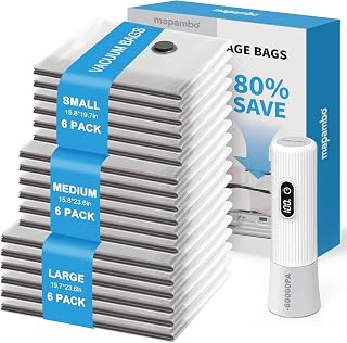 Mapambo Travel Vacuum Bags with -60000Pa LED Pump, 18 Pack Vacuum Seal Bags for Clothing Travel in 3 Combo Sizes, Vacuums Storage Bags for Clothes, Save 80% of Space (18 Combo)