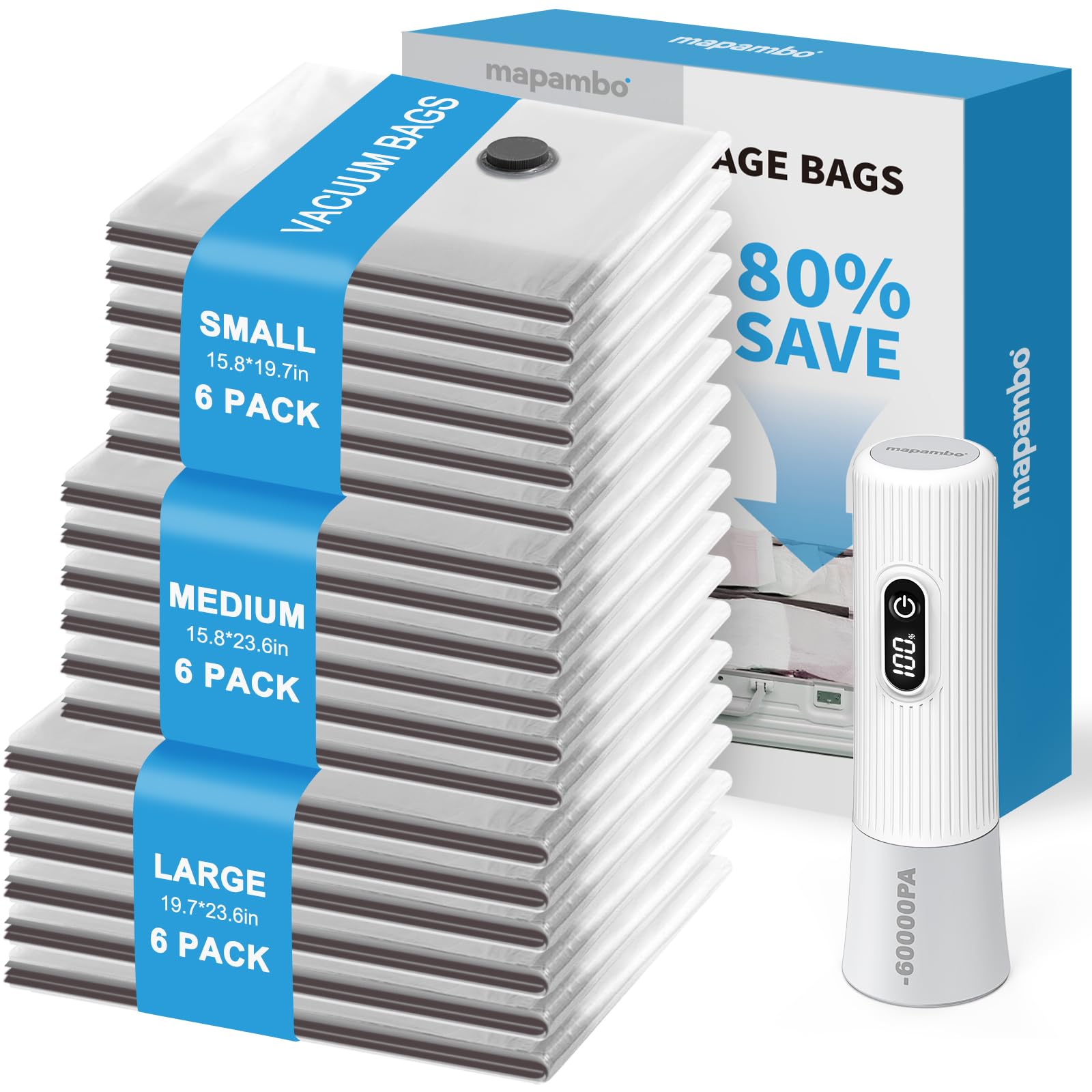 Mapambo Vacuum Seal Bags for Clothing Travel with -60000Pa LED Pump, 18 Pack Travel Cordless Vacuums Bag Set with Pump in 3 Combo Sizes. Vacuums Storage Bags for Clothes (18 Combo)