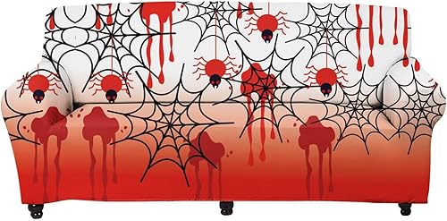 Funda de sofá con estampado de telaraña roja de sangre roja, funda de sofá de Halloween con parte inferior elástica, protector de sofá