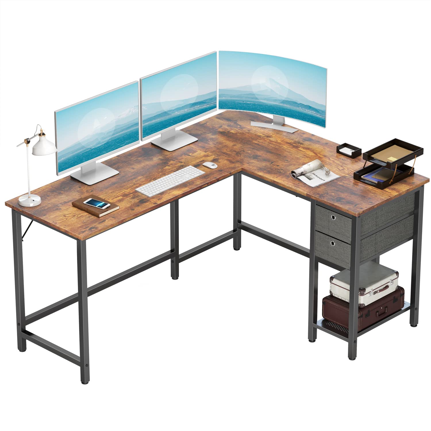 BANTI L-Shaped Computer Desk, Home Office Corner Desk with Non-Woven Drawer, Sturdy Writing Table, Space-Saving,Brown
