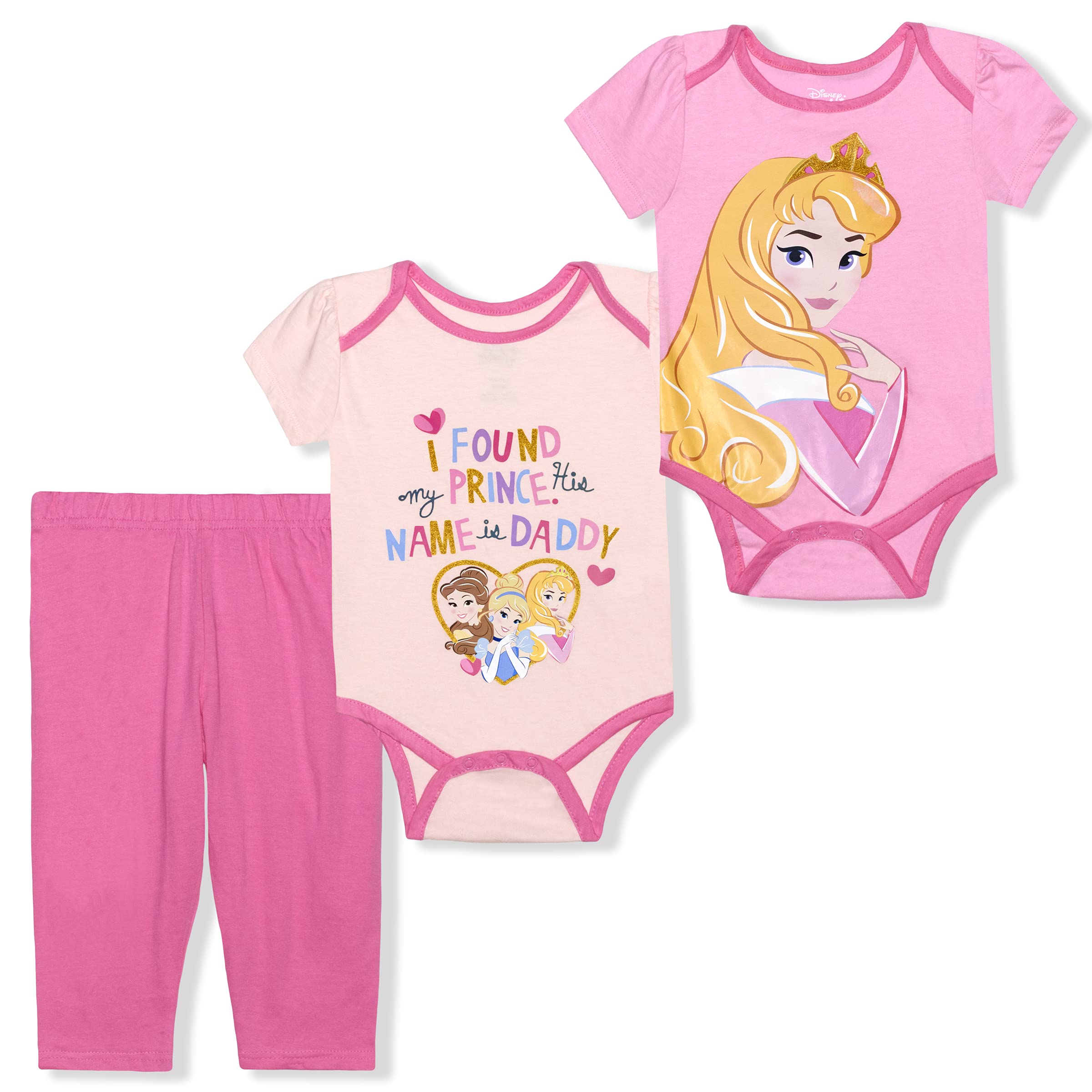 Disney Baby Girl's 3-Pack Princess Aurora Creepers and Legging Pant Set, Pink