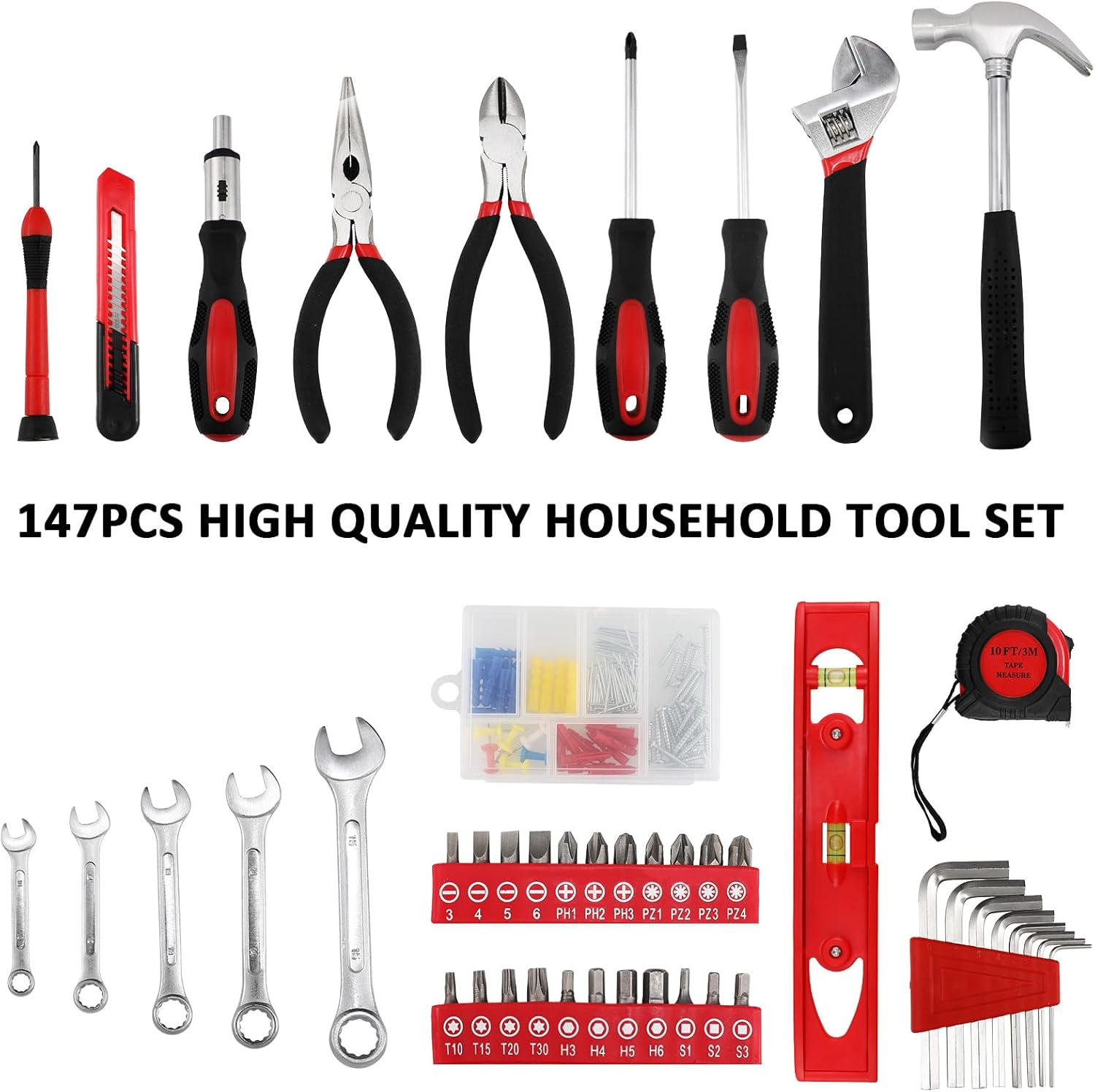TLGREEN 147 Pieces Tool Set, Tool Kit for Home, Basic Tool Kit with Storage Tool Box, Screwdrivers, Adjustable Wrench, Pliers, Knife,General Household Hand Tool Set for Home, Car, Dorm, Garage