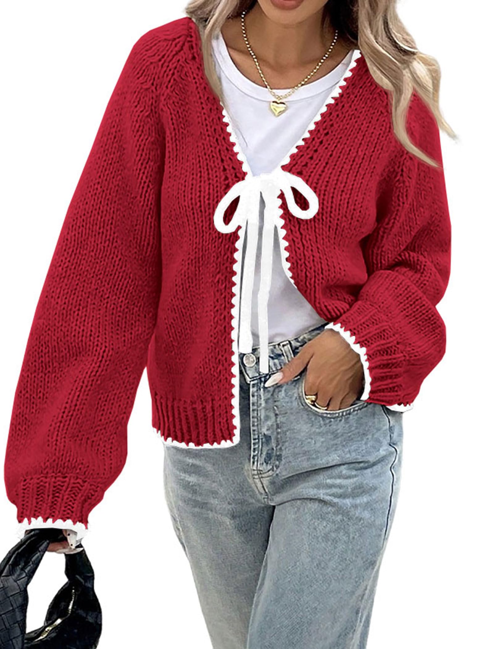 ZAFUL Womens Long Sleeve Cardigan Cute Tie Front V Neck Bow Puff Fall Winter Loose Knit Trendy Cardigan