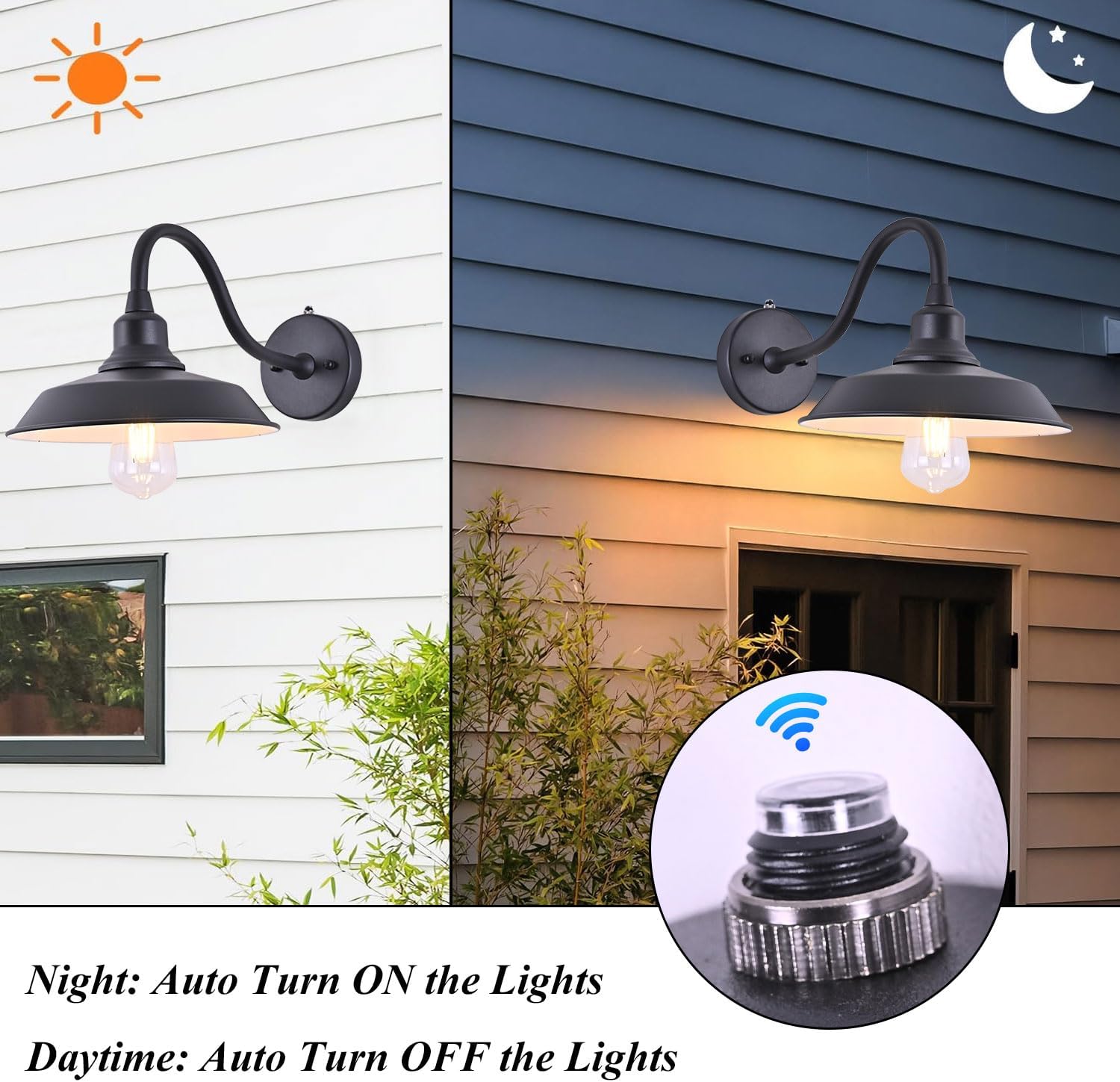 Dusk to Dawn Outdoor Barn Light, Farmhouse Gooseneck Outdoor Wall Sconce, Rustic Exterior Wall Mount Light, Vintage Dome Barn Light for Porch Garage Patio, Waterproof Rustproof