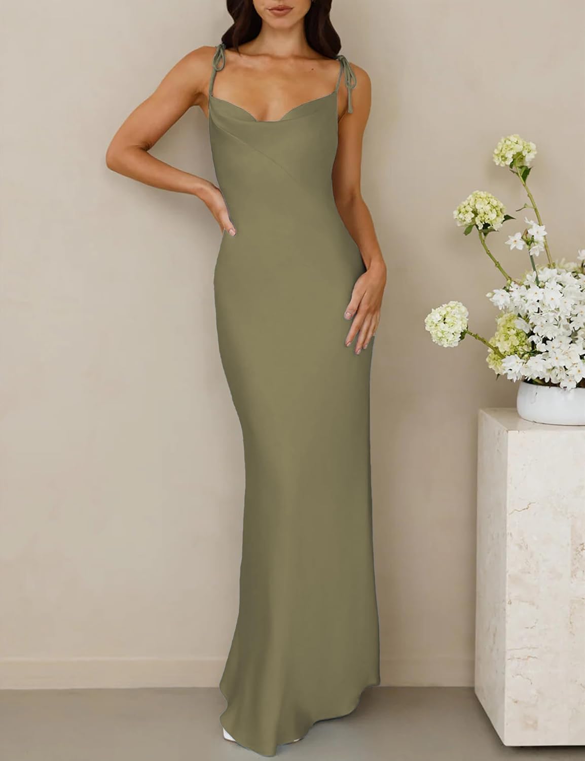 2026 Satin Cowl Neck Spaghetti Strap Slip Maxi Dress for Women Tie Strap Formal Wedding Guest Dresses with Slit - Image 5
