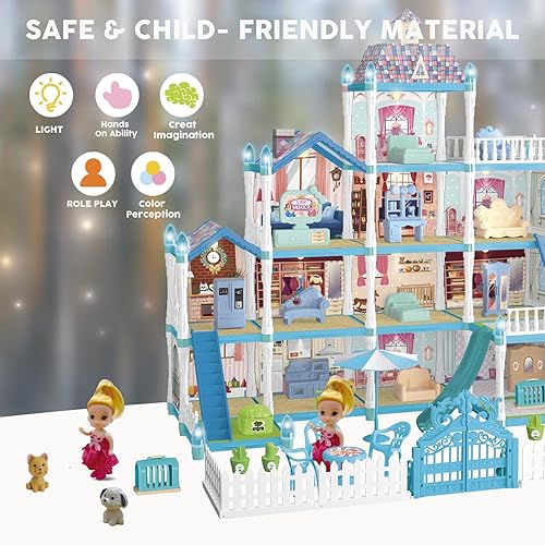 Miniatura 8 de Casa de muñecas de casa de muñecas, juego de construcción de casa de sueños grande de 4 pisos con 12 habitaciones, patio, accesorios y muebles,