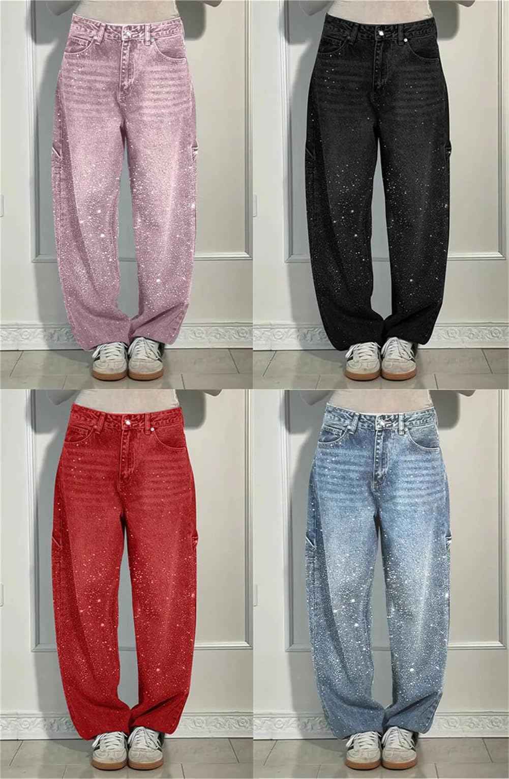 Jeans casual da donna con strass, a vita alta, con strass, gamba dritta e ampia, pantaloni in denim
