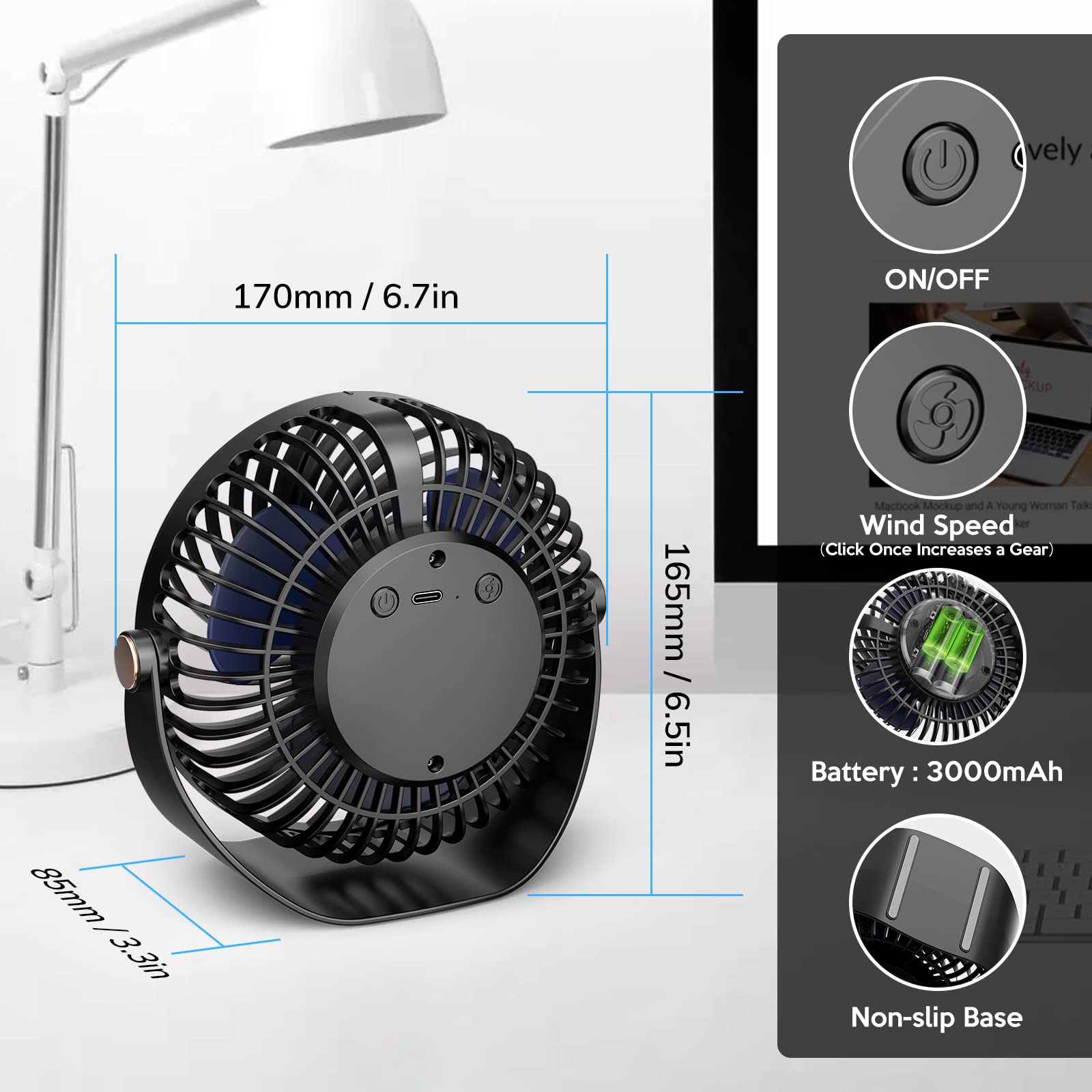 Ventilador de Mesa, Mini Ventilador USB Silencioso, 5 Velocidades,Personal Portátil Ventilador de Escritorio, para Oficina/Hogar/Viajar/Acampar/Cocina, Alimentado por USB (Negro) - 5