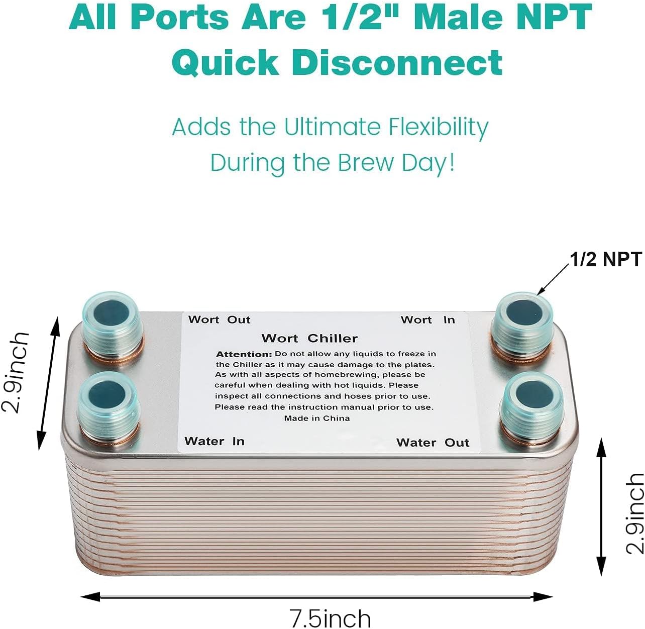 MRbrew Wort Chiller 30 Plates, Brazed Plate Copper Heat Exchanger for Homebrew, Stainless Steel 7.5" x 2.9" Plate, 1/2 NPT Thread Connection Hot Liquid Accelerated Cooler Quick Beer Cooling System