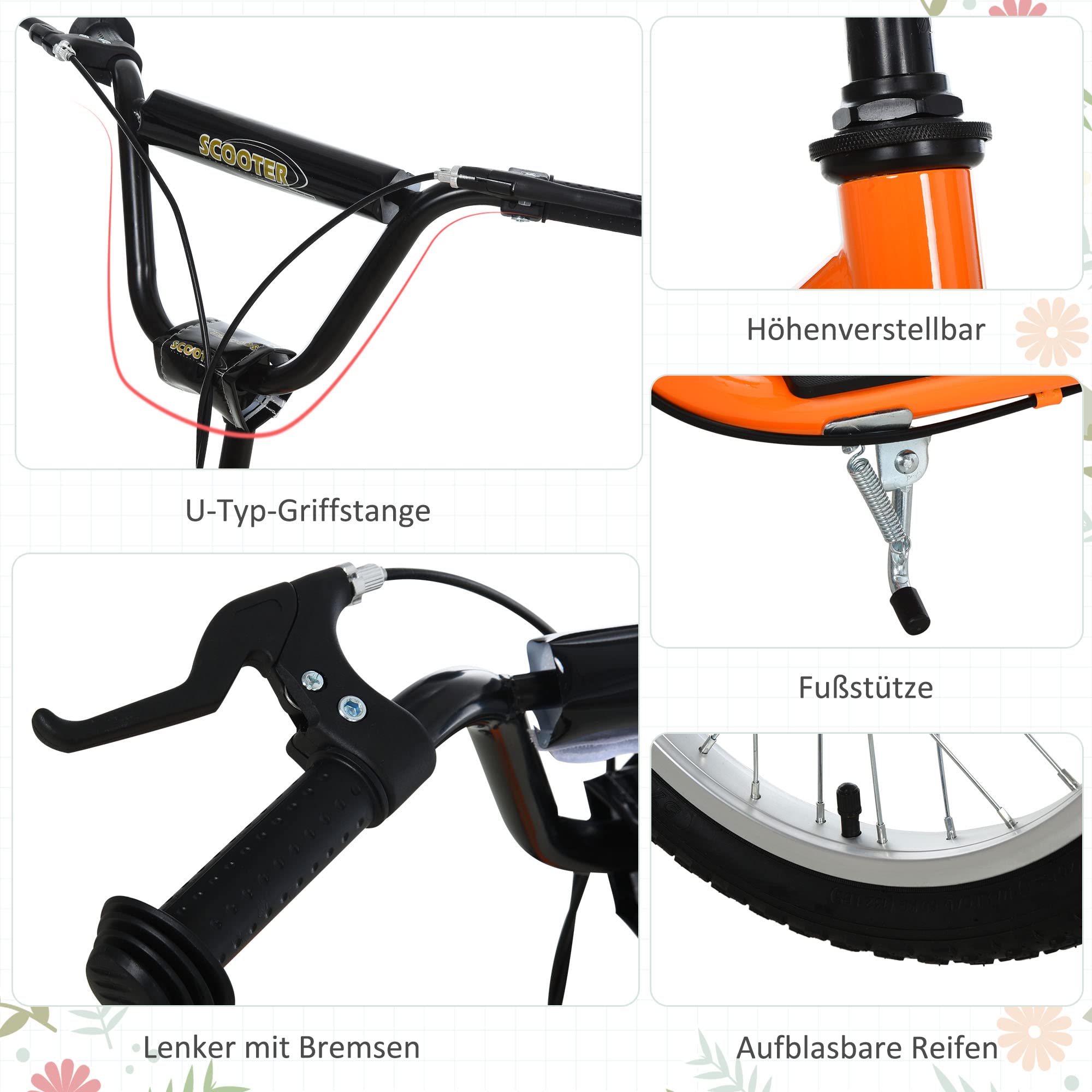 Homcom Trottinette Enfant – Roues Pneumatiques, Guidon Réglable 88-94 Cm – Bleu/Orange – 100 Kg