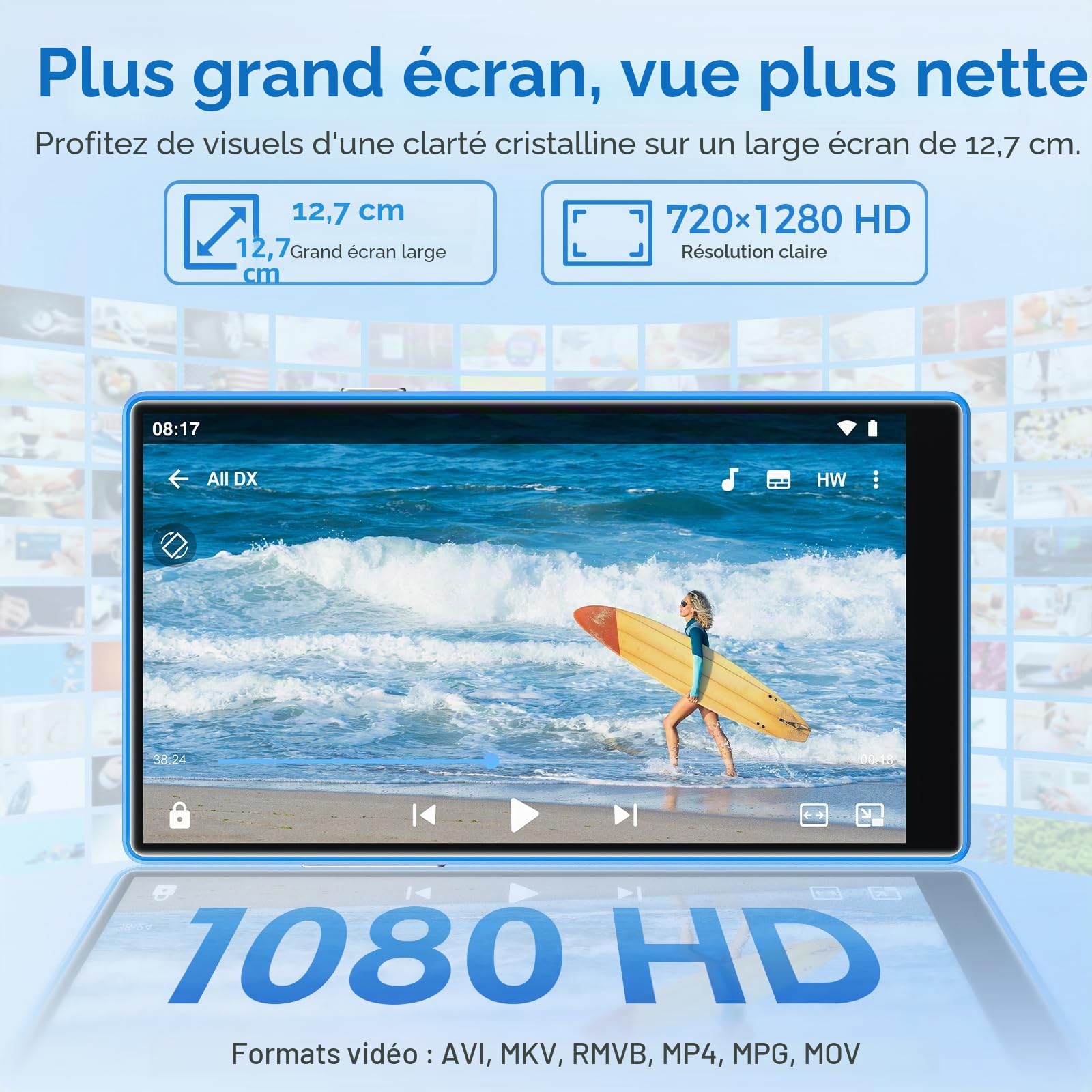96Go Lecteur MP3 avec Bluetooth et WiFi, Lecteur MP4 avec Écran Tactile de 5 Pouces et Haut-parleurs, Baladeur MP3 avec Spotify, Deezer, Amazon Music, Bleu & Blanc