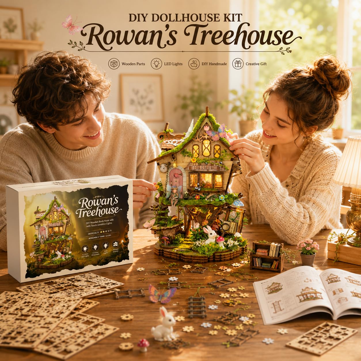 Spilay Rowan - Kit fai da te per casa delle bambole in miniatura, con luce LED, mini kit per la costruzione di una casa, angolo libro per adulti, decorazione creativa per librerie e regalo unico