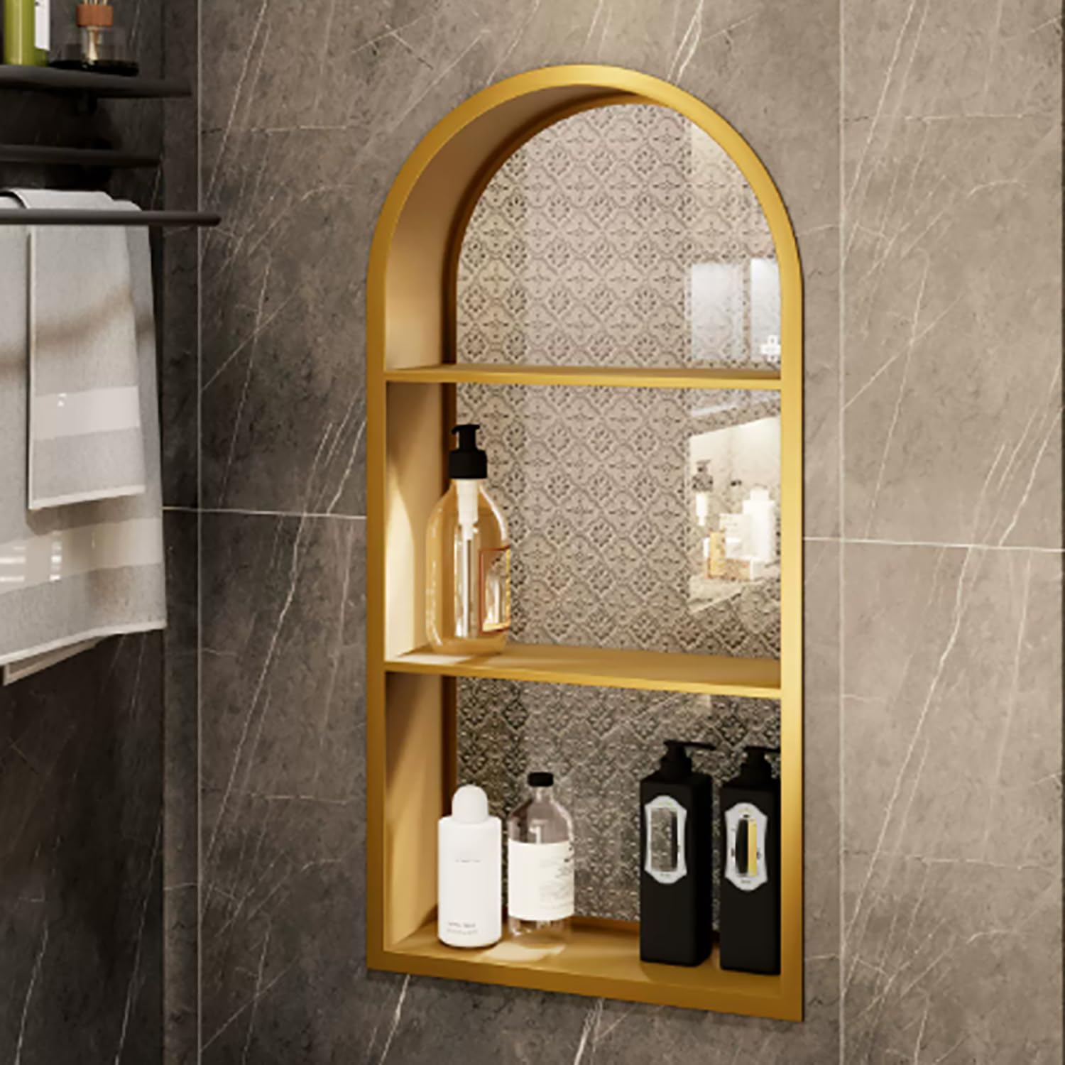 WYRNOBRX Toilet Paper Holder Recessed Stainless Steel Shower Niche Arched Glass Door Alcove Curved Back Panel Concealed Bathroom Cabinet Cabinets for Kitchens Living,Gold/A,L34*H94*W16
