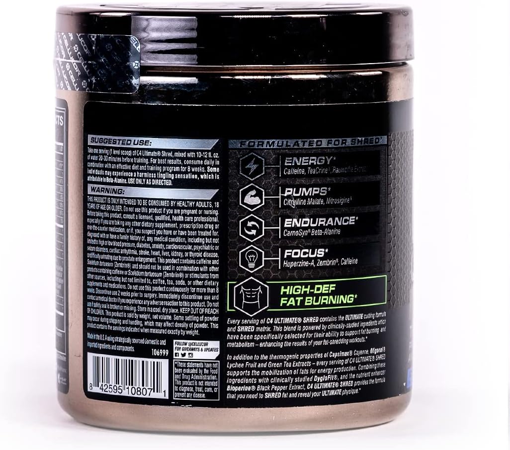Cellucor C4 Ultimate Shred Pre Workout Powder, Fat Burner for Men & Women,  Weight Loss Supplement with Ginger Root Extract, Icy Blue Razz, 20 Servings
