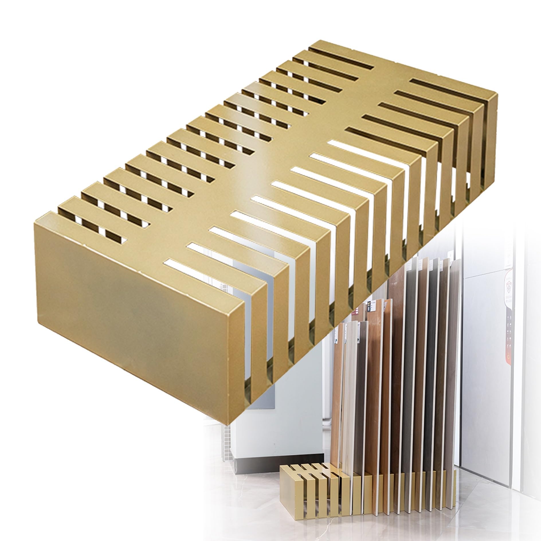 Jkjzsalj Gold Metal Display Stand For Tile Samples - 28 Slot Rack For Porcelain & Ceramic Tiles Wooden Floor Holder Ideal For Retail Counter & Vendor Showrooms,-Card Slot W0.6in(1.6Cm)