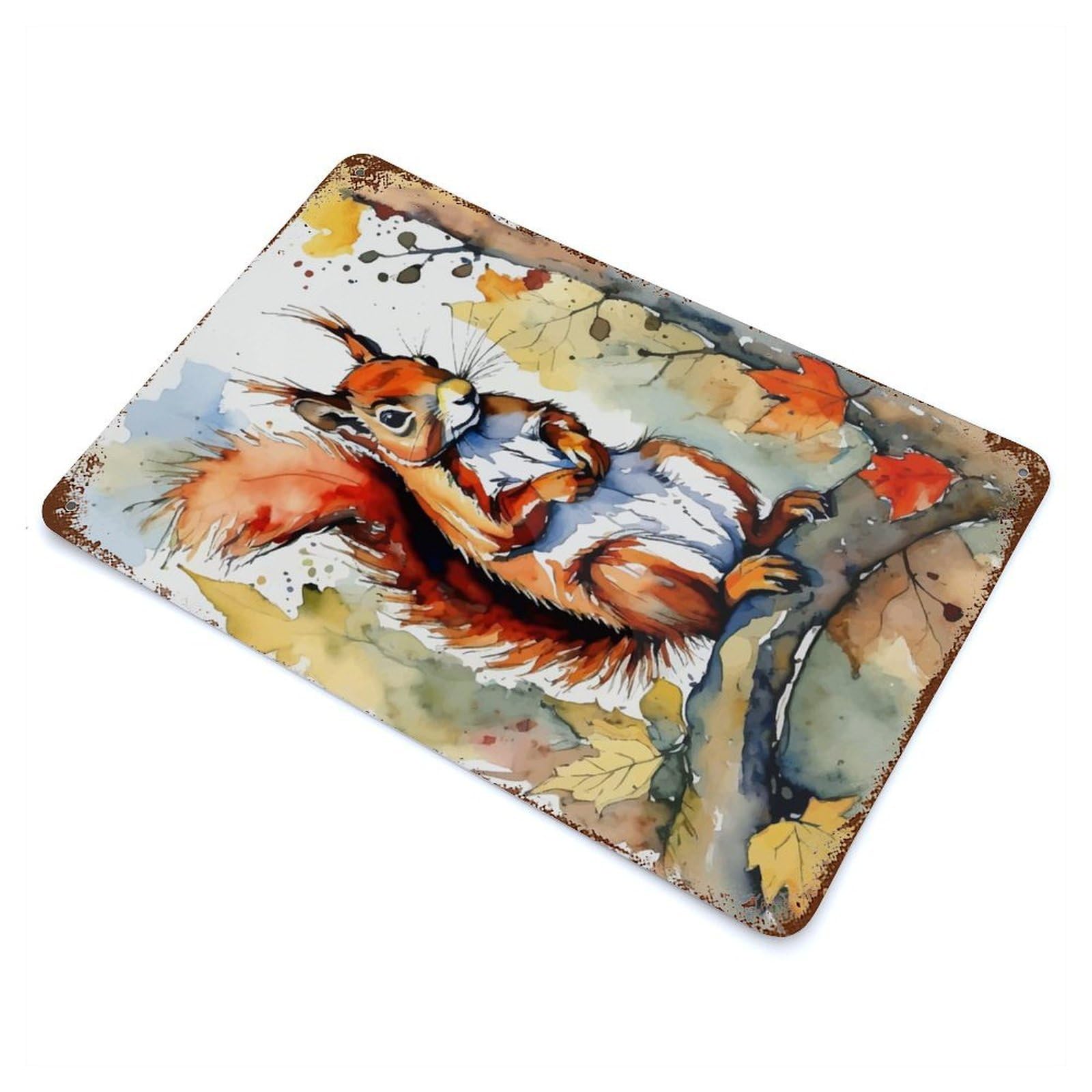 Red Squirrel Watercolor Painting Rust Effect Tin Sign 11.8"x7.9", Ideal for Farmhouse, Kitchen And Entryway Decor