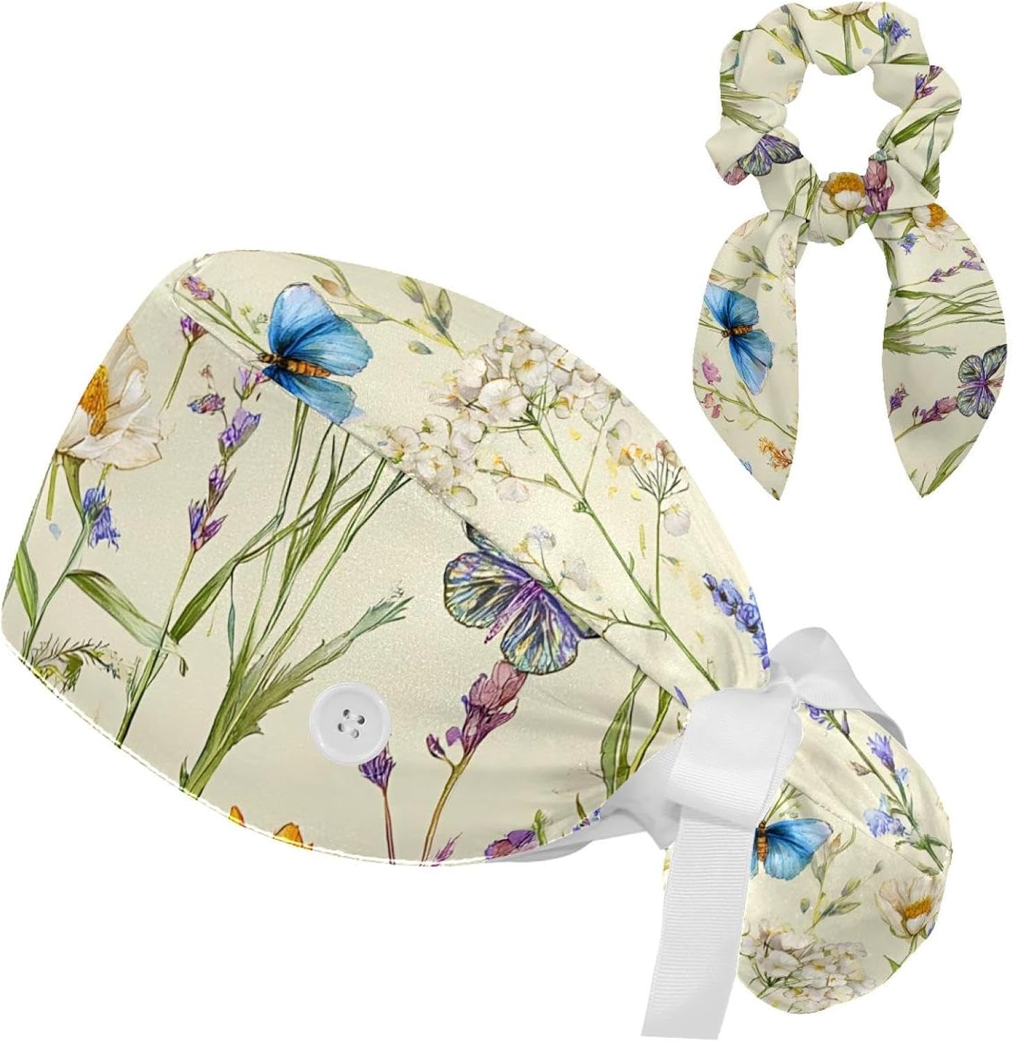 Women Working Cap with Buttons and Sweatband Watercolor Wildflowers Herbs and Grass Butterfly